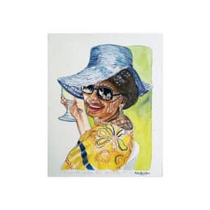 Wall Art Decor - Brunch Lady in Blue Hat and Yellow Kaftan Watercolor
