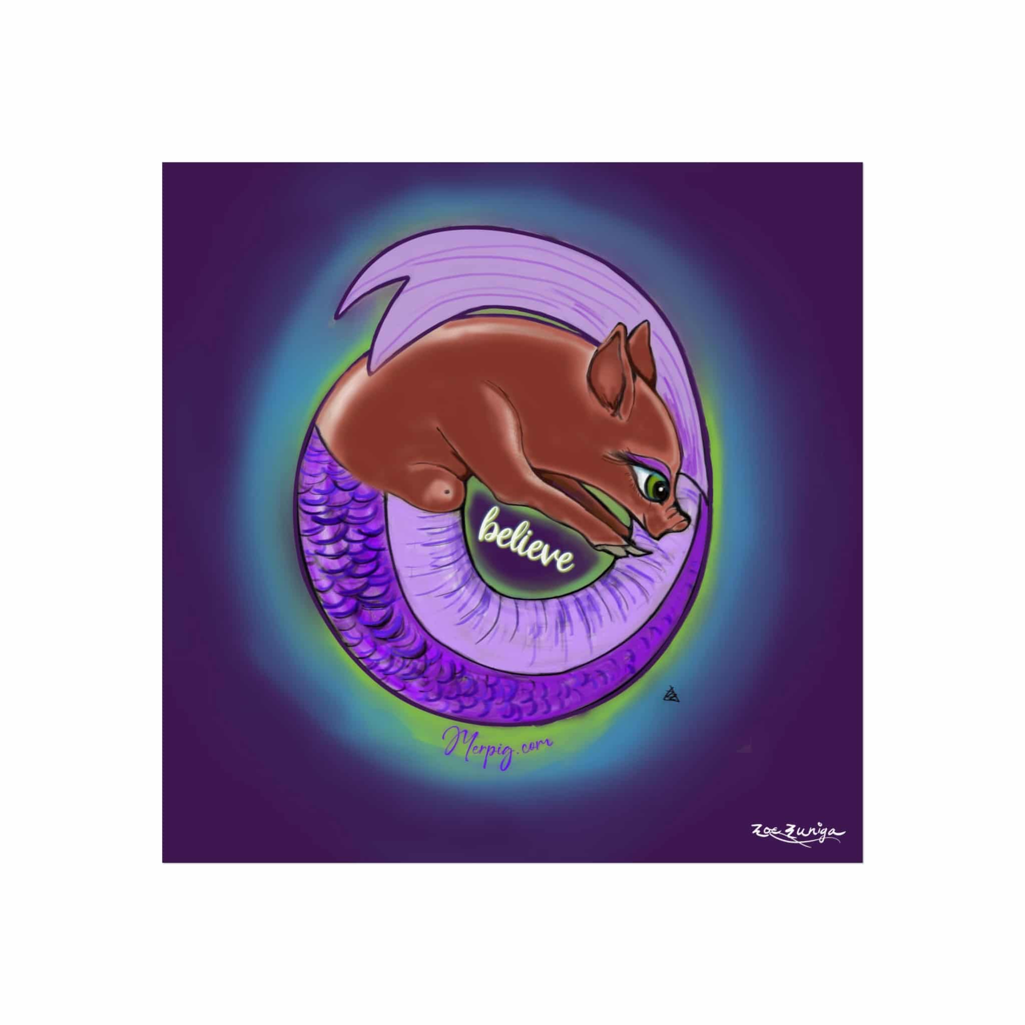Children's Art Print: Glowing Purple Tailed Mer-Piglet
