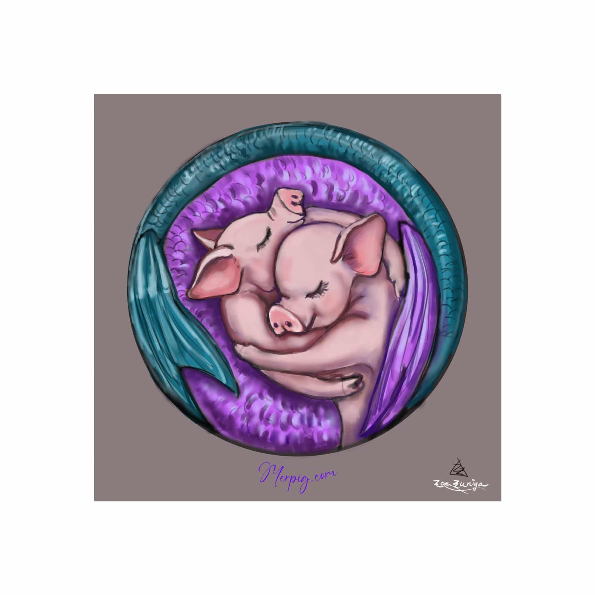 Whimsical Animal Art Wall Print Merpigs Embracing