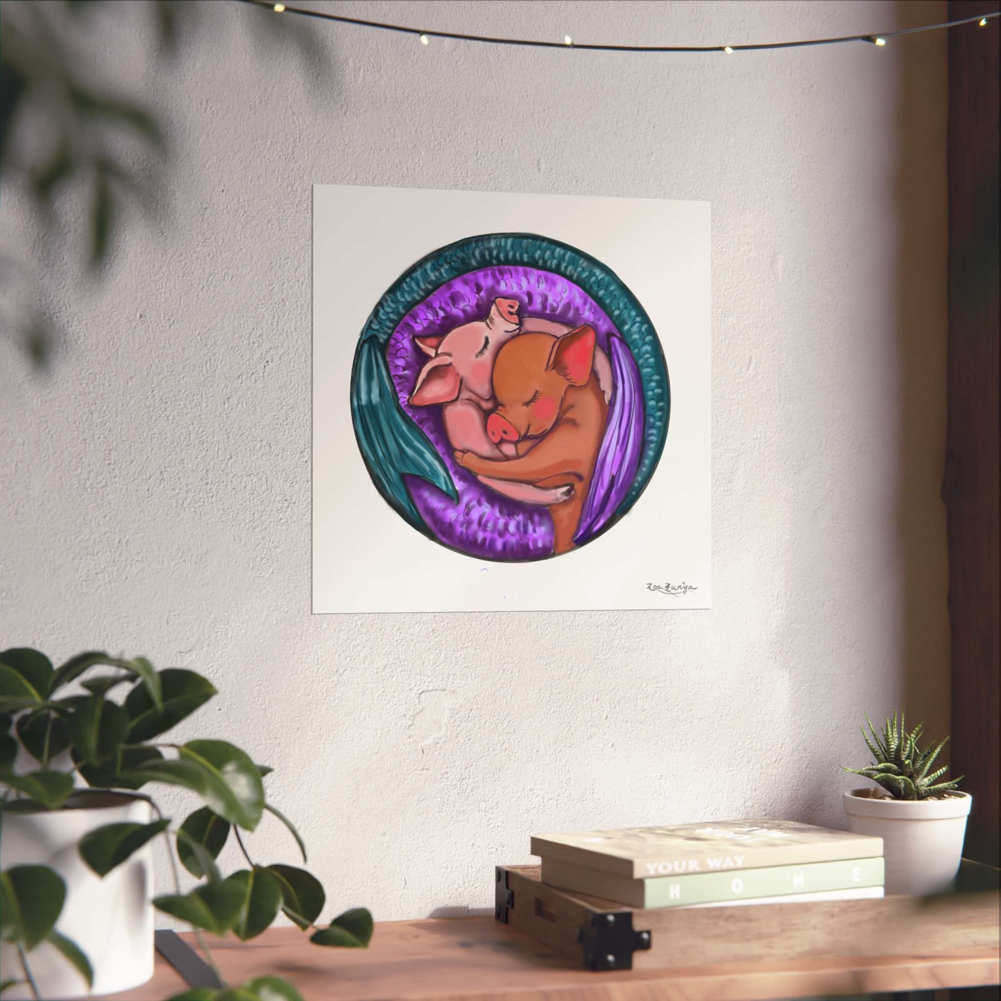Whimsical Animal Art Print, Mer-Piglets Embracing Vibrant Nursery Poster - Image 3