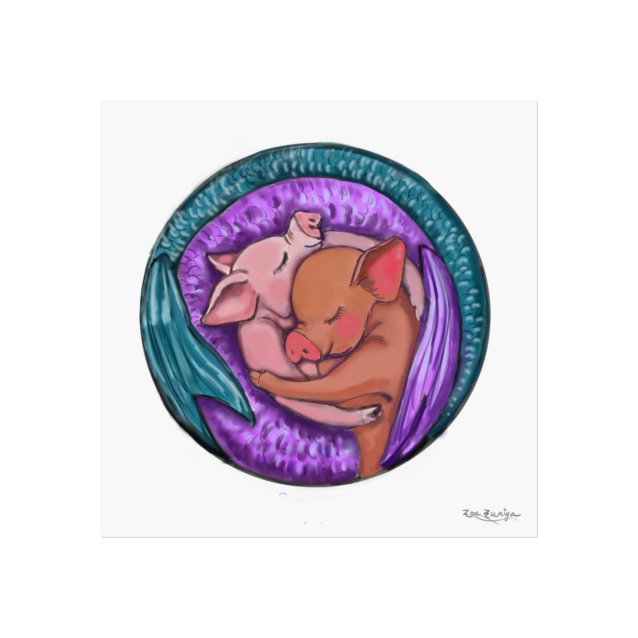 Whimsical Animal Art Print, Mer-Piglets Embracing Vibrant Nursery Poster