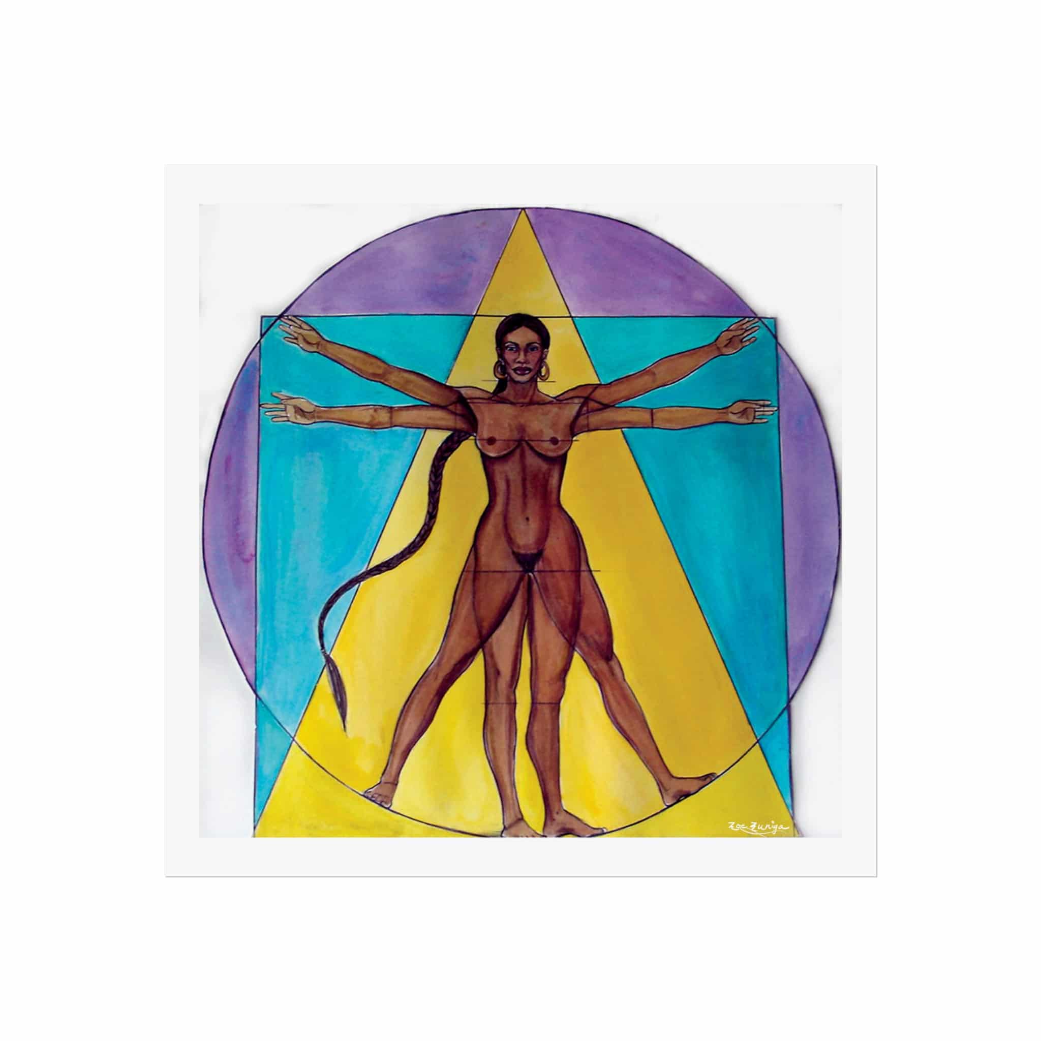 Art Poster: Vitruvian Woman Watercolor Reinterpretation Leonardo's Vitruvian Man