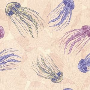 purple and blue Jellyfish on beige background wallpaper and fabric desing