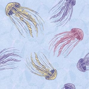 Beige purple and blue helly fish on fan coral light blue backgound, ocean themed wallpaper