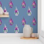 pink and fuchsia teardrop floral on slate blue wallpaper