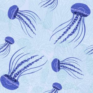 Blue jelly fish on fan coral pale blue background wallpaper repeat