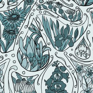 teal blue widlfower art nouveau repeating pattern for farbric and wallpaper