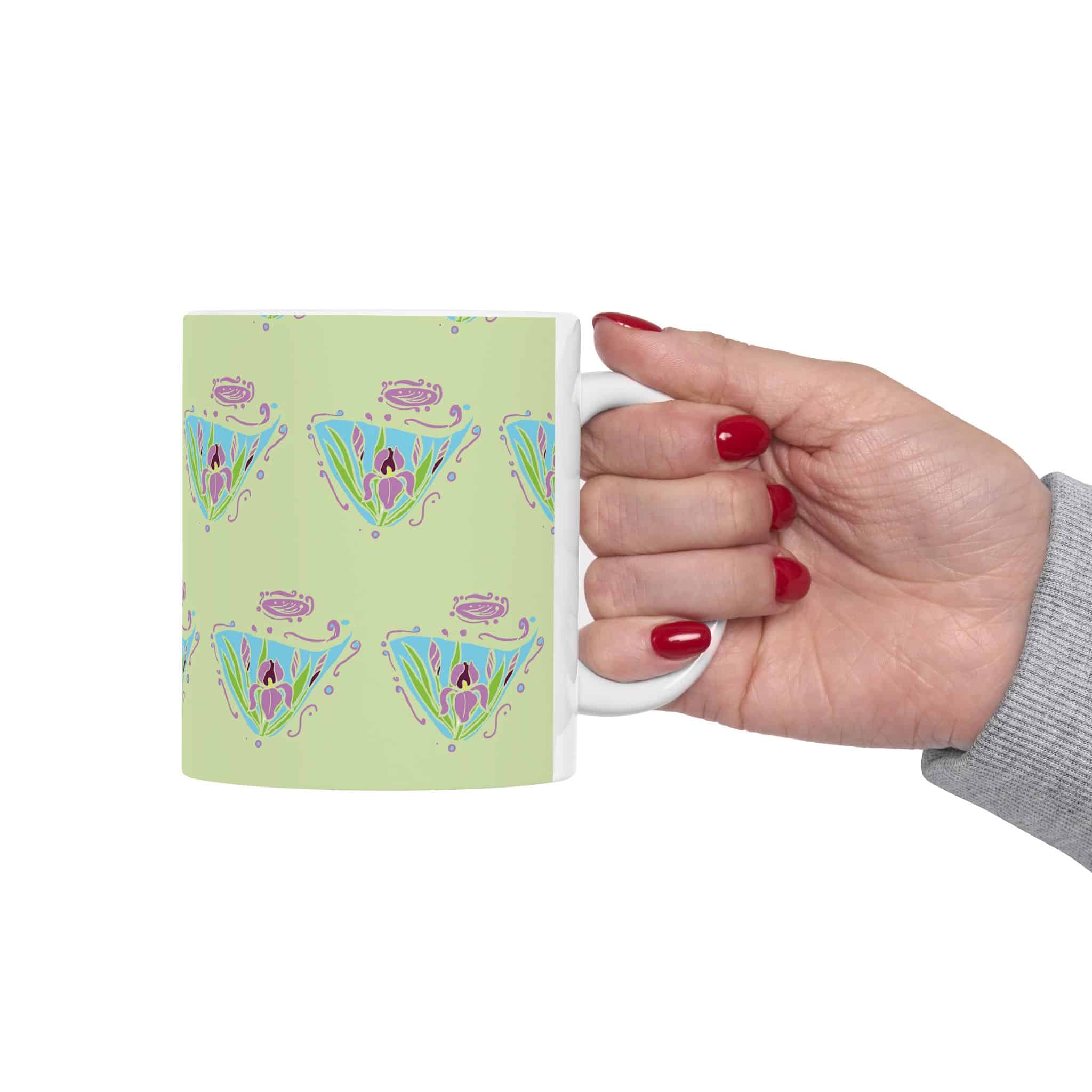 Pastel Floral Art Nouveau Diamond Pattern Ceramic Mug — Cute Botanical Tea & Coffee Cup (11oz, 15oz) - Image 3