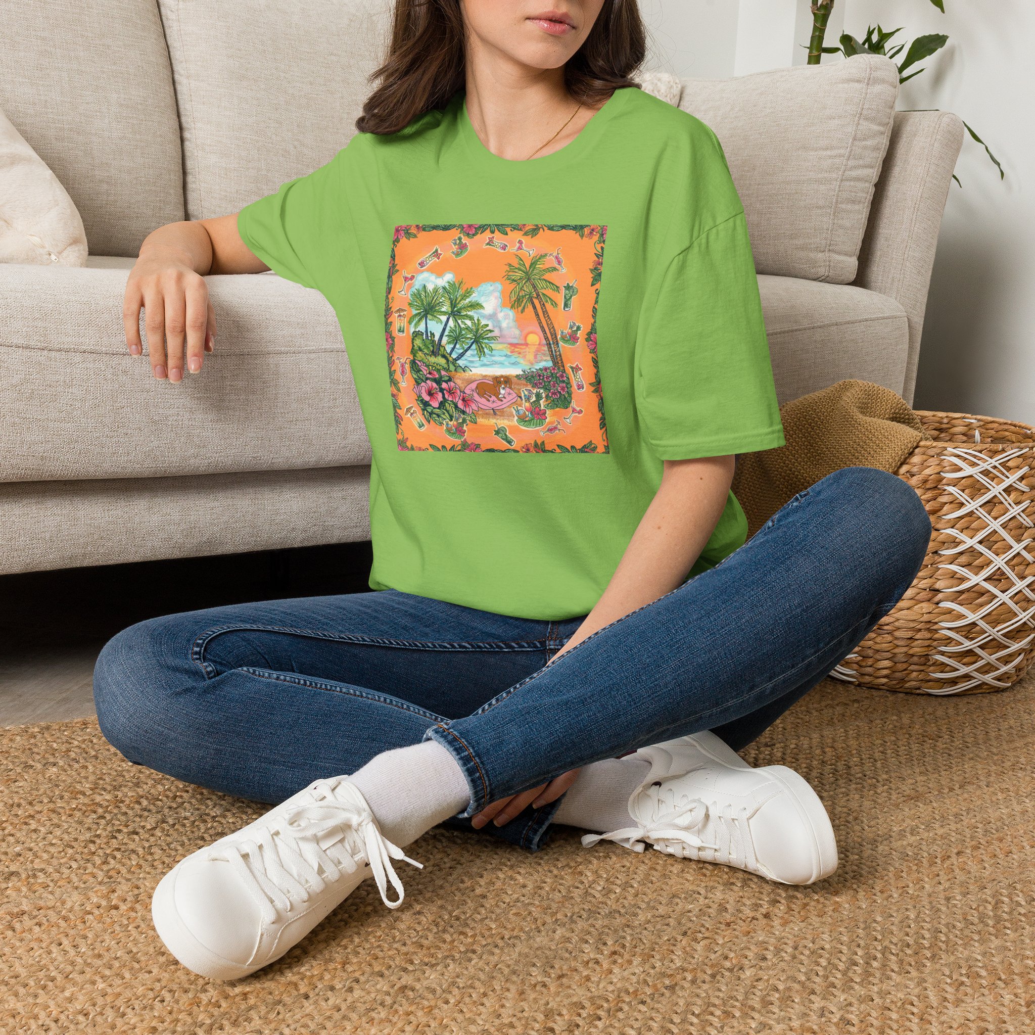 Girl Dachshund on a Tropical Sunset Beach T-Shirt — Vintage Beach Floral Graphic - Image 36