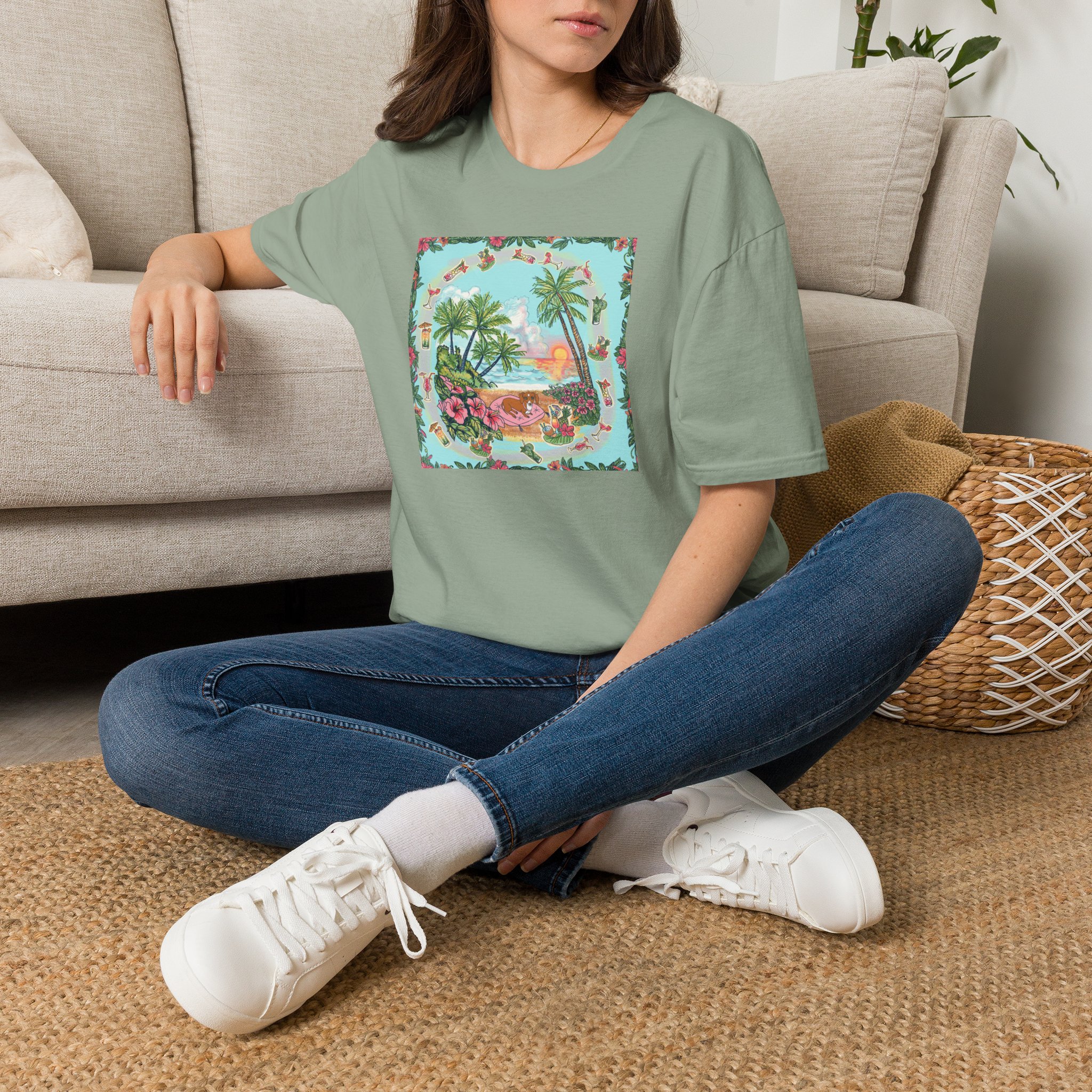 Dachshund on a Tropical Sunset Beach T-Shirt — Vintage Beach Floral Graphic - Image 8