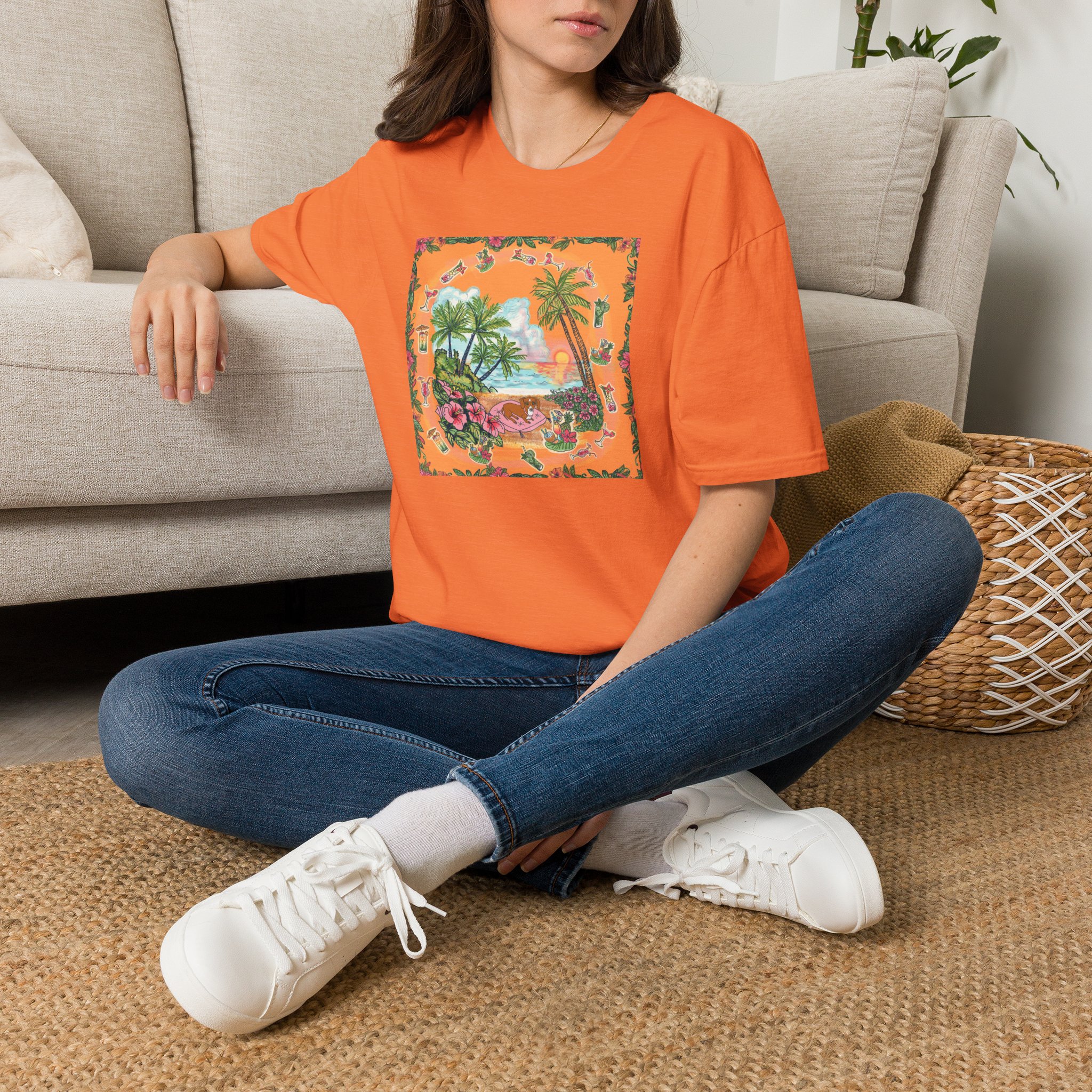 Girl Dachshund on a Tropical Sunset Beach T-Shirt — Vintage Beach Floral Graphic - Image 26