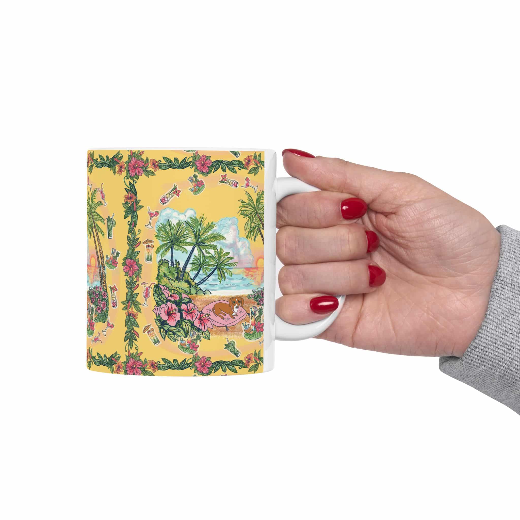 Dachshund Tropical Sunset Ceramic Mug – Hawaiian Beach Scene with Palm Trees & Hibiscus (11oz/15oz) - Image 3