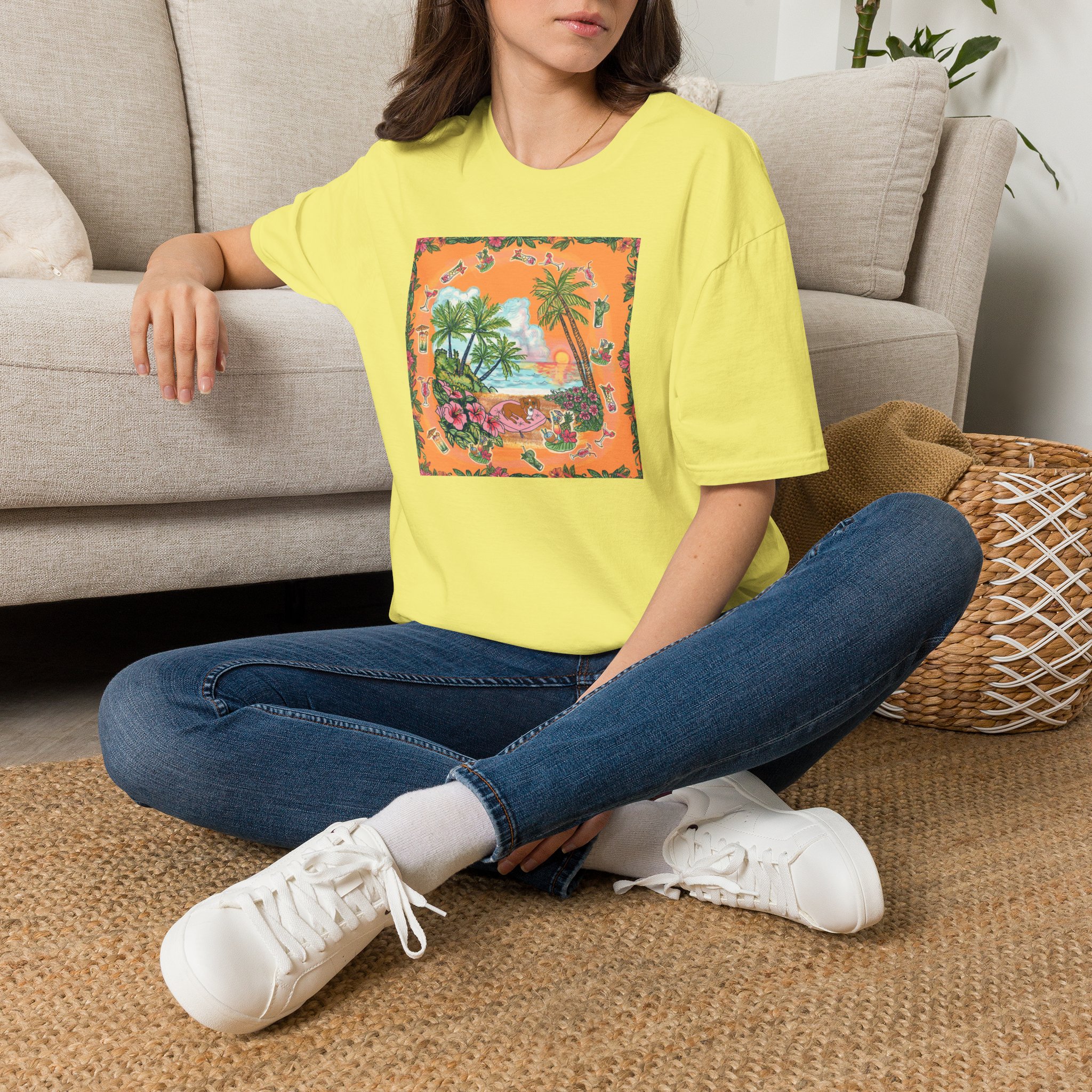 Girl Dachshund on a Tropical Sunset Beach T-Shirt — Vintage Beach Floral Graphic - Image 32