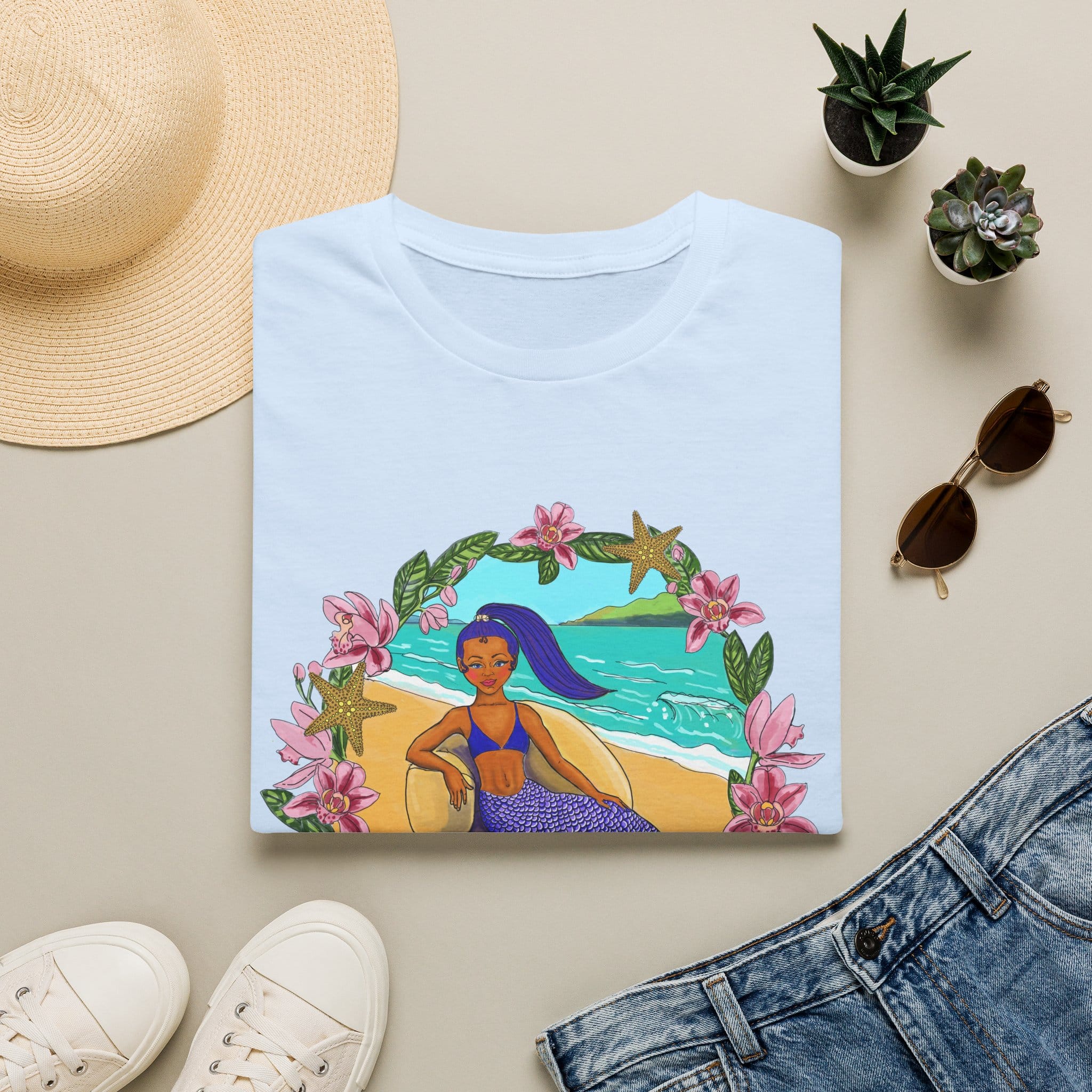 Blue-Haired Mermaid2 Beach Vibes T-Shirt — Tropical Floral Ocean Graphic