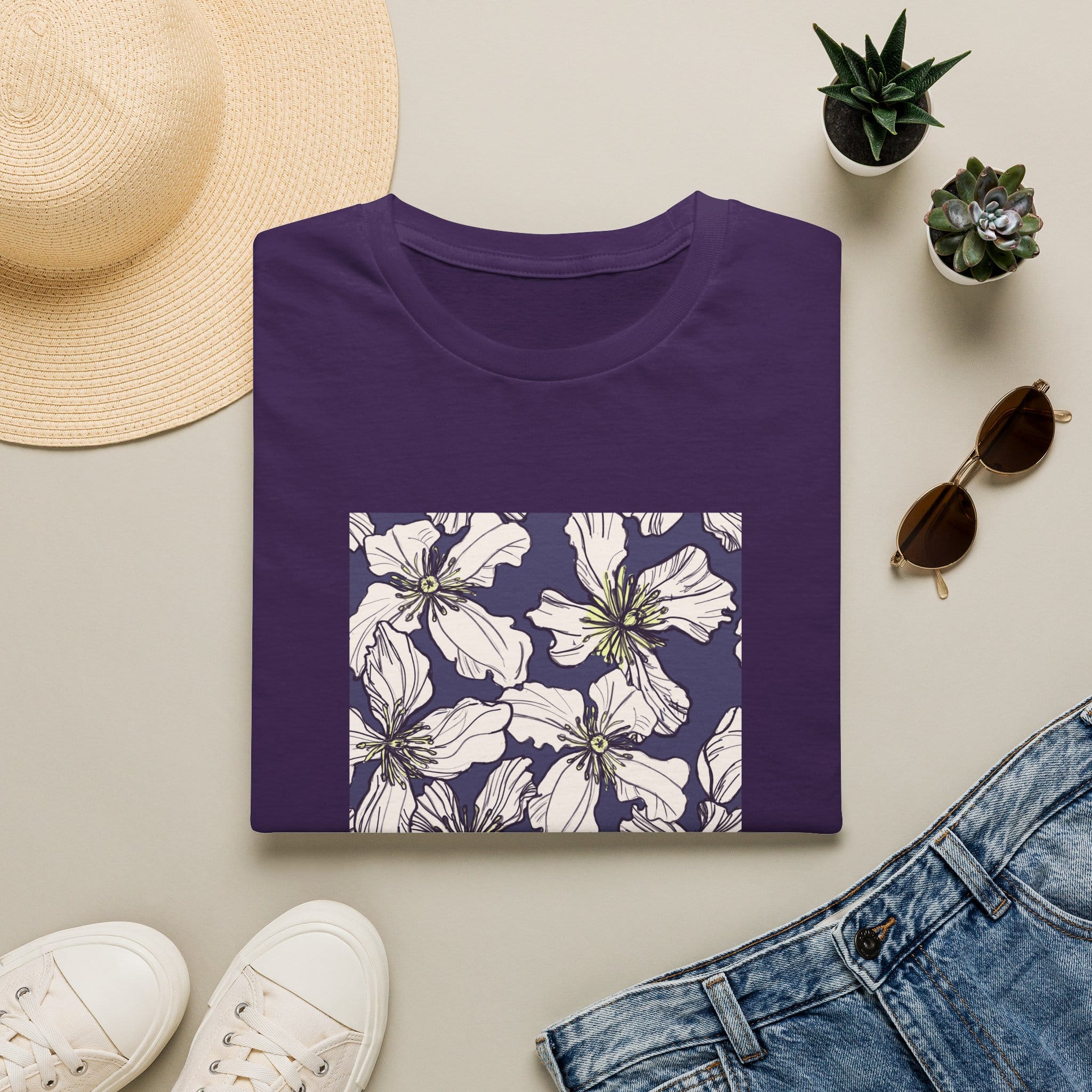 Floral Square Tee — White Clematis Print T-Shirt - Image 28