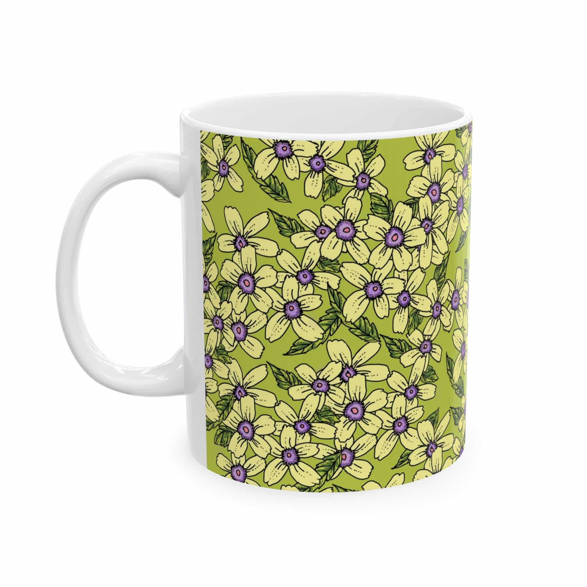 Floral Pattern Ceramic Mug — Green Daisy Bloom Coffee Cup (11oz & 15oz)