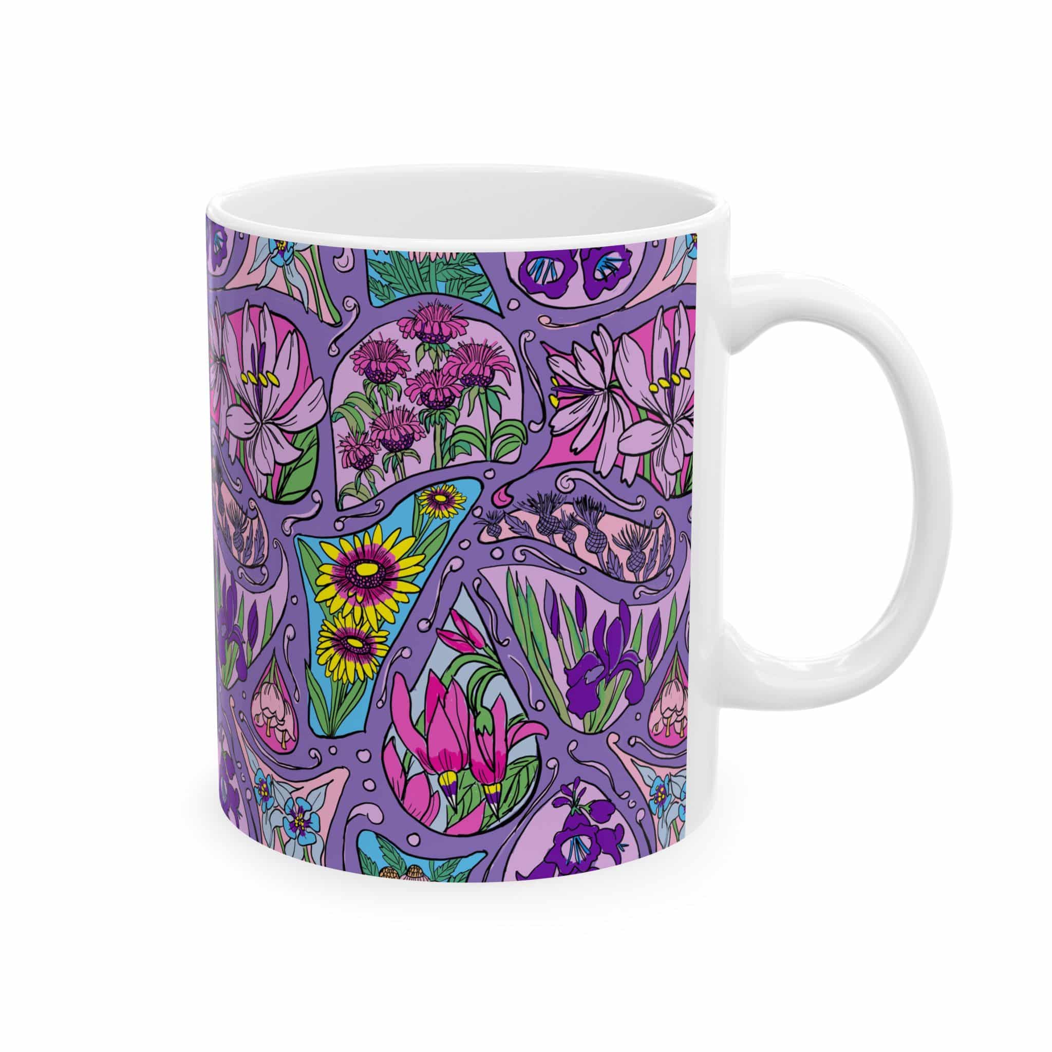 Floral Paisley Ceramic Mug - Purple Garden Pattern (11oz & 15oz) - Image 2