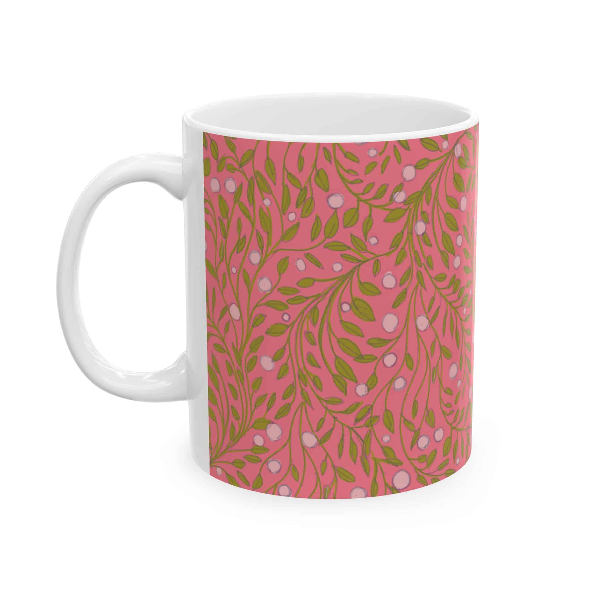 Coral Botanical Ceramic Mug — Floral Vine Pattern Coffee Tea Cup (11oz & 15oz)