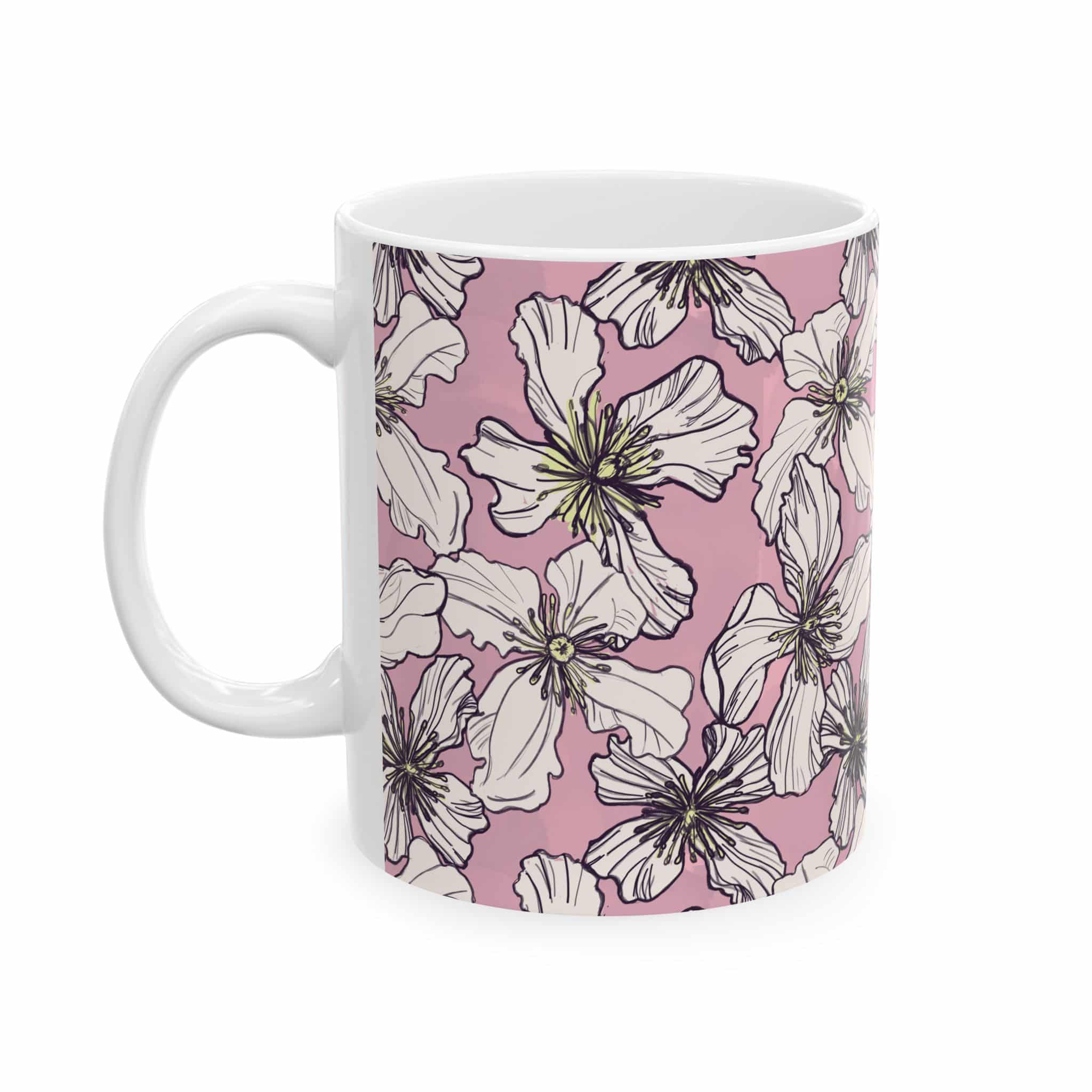 Pink Floral Ceramic Mug – White Clematis Pattern Tea & Coffee Cup (11oz, 15oz)