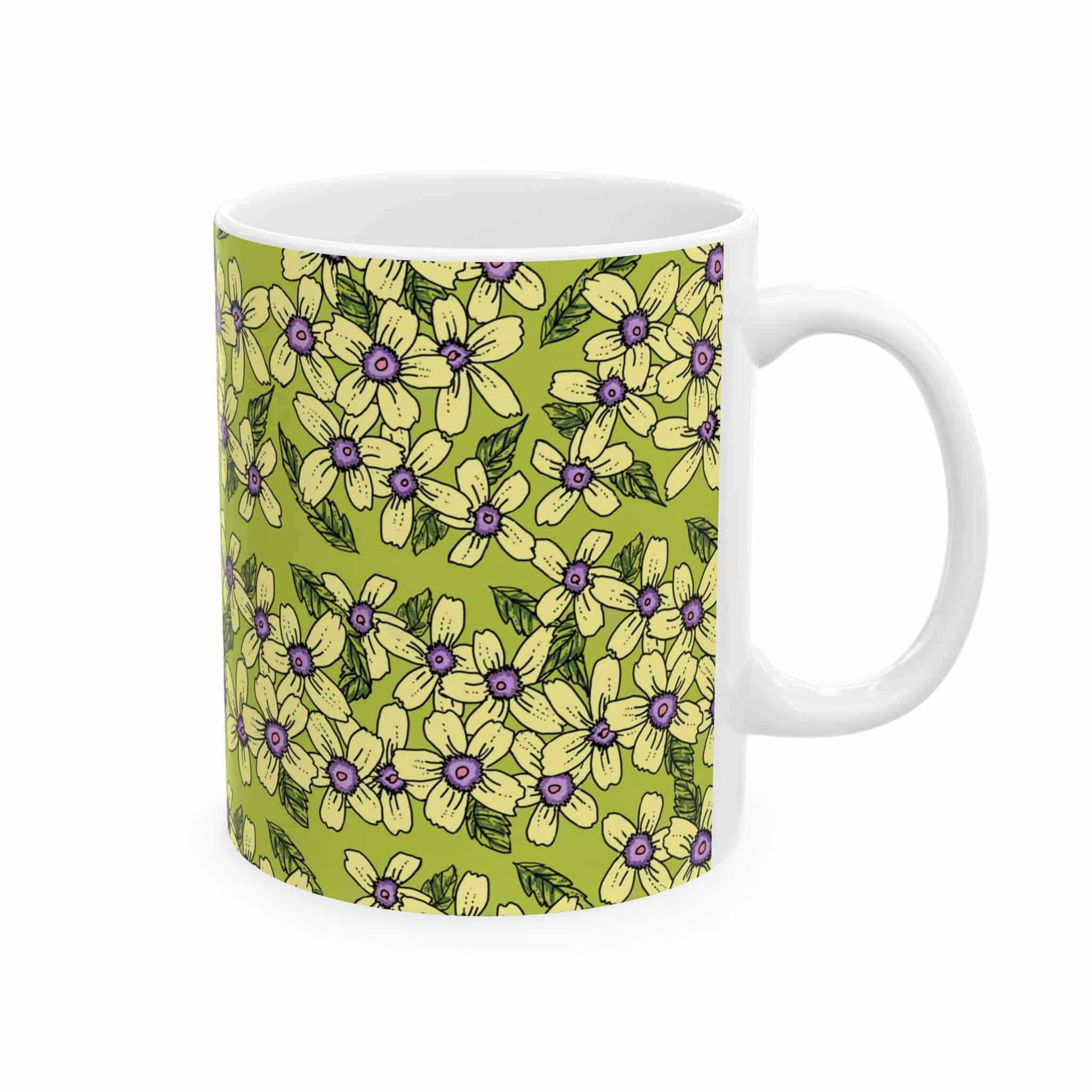Floral Pattern Ceramic Mug — Green Daisy Bloom Coffee Cup (11oz & 15oz) - Image 2