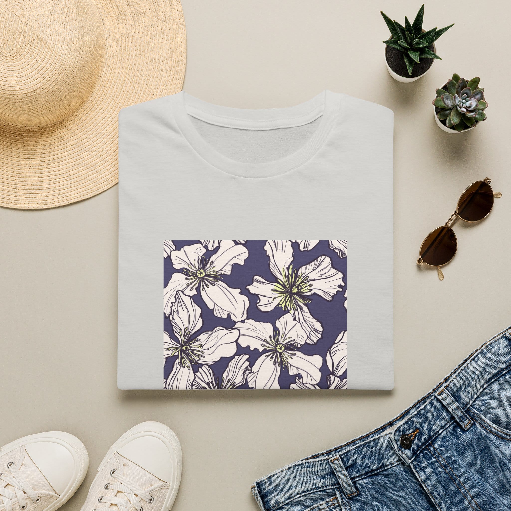 Floral Square Tee — White Clematis Print T-Shirt - Image 22