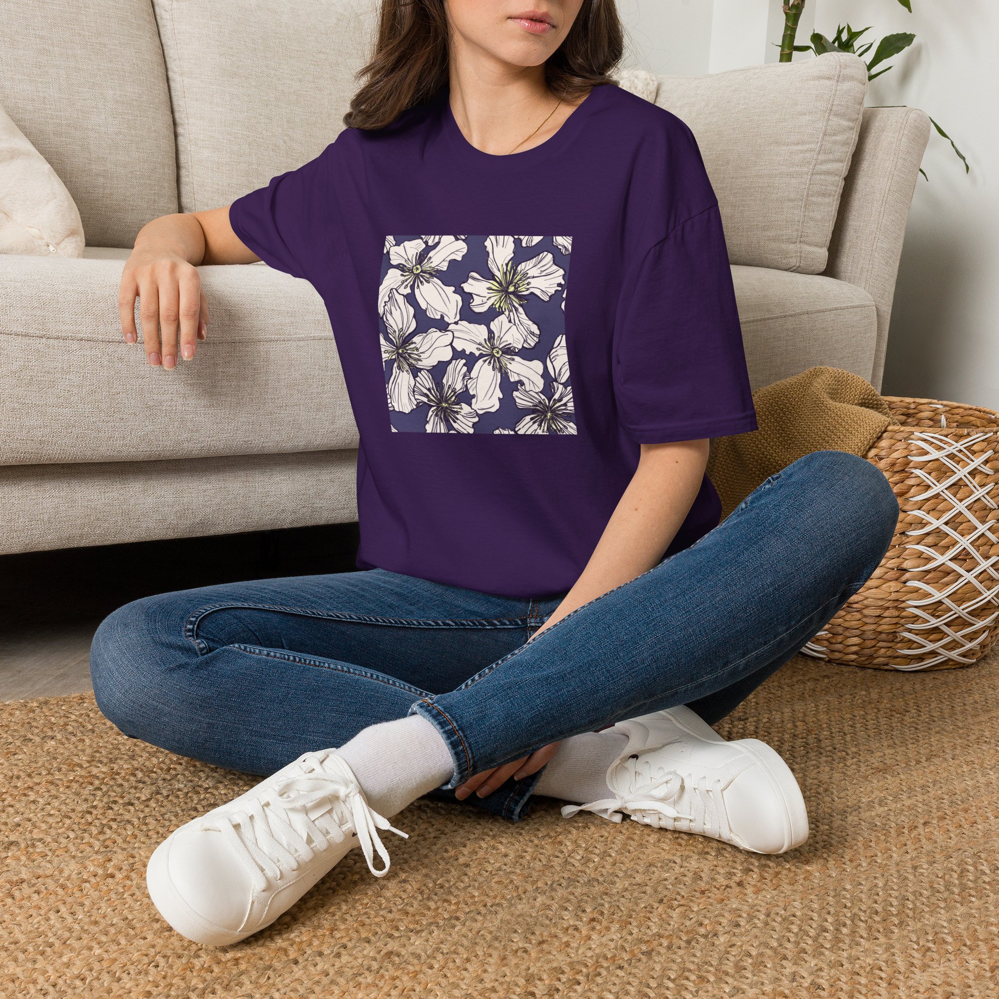 Floral Square Tee — White Clematis Print T-Shirt - Image 29