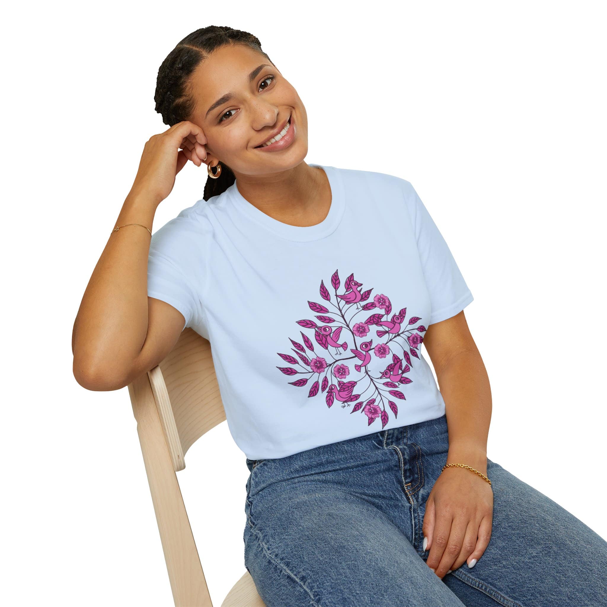 Floral Bird Branch T-Shirt —Pink Blossoms Graphic Tee - Image 8