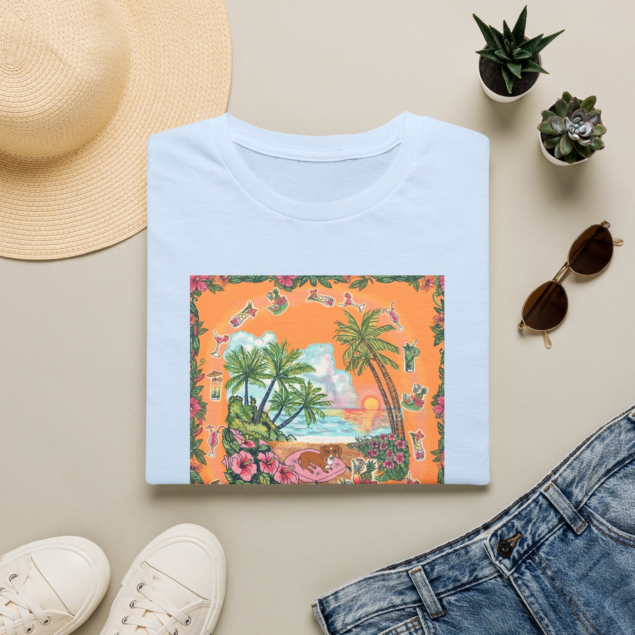 Girl Dachshund on a Tropical Sunset Beach T-Shirt — Vintage Beach Floral Graphic - Image 4