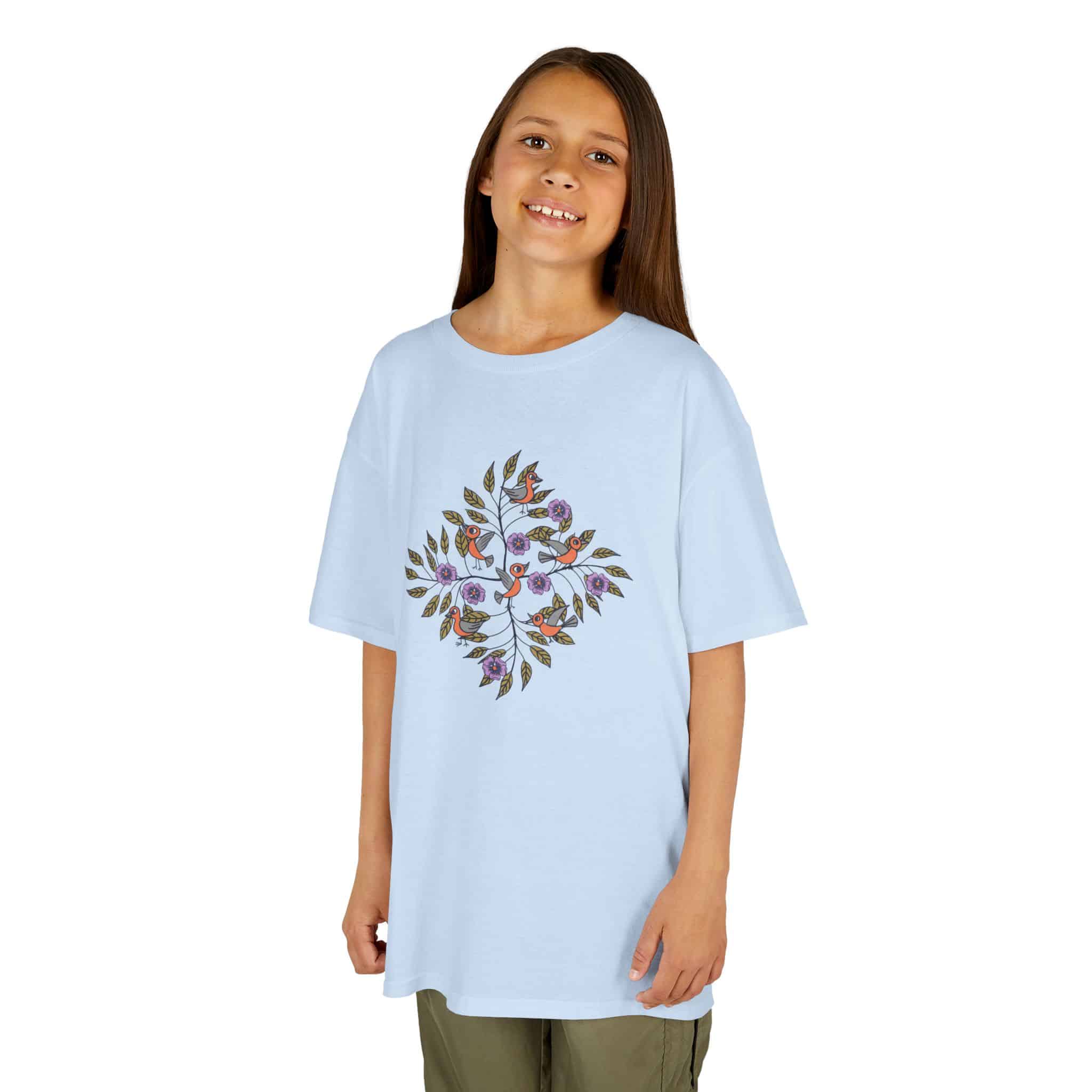 Kids Tee — Colorful Leaf Bird and Floral Mosaic Graphic Kids T-Shirt | Nature-Inspired Autumn Shirt for Boys & Girls - Image 4