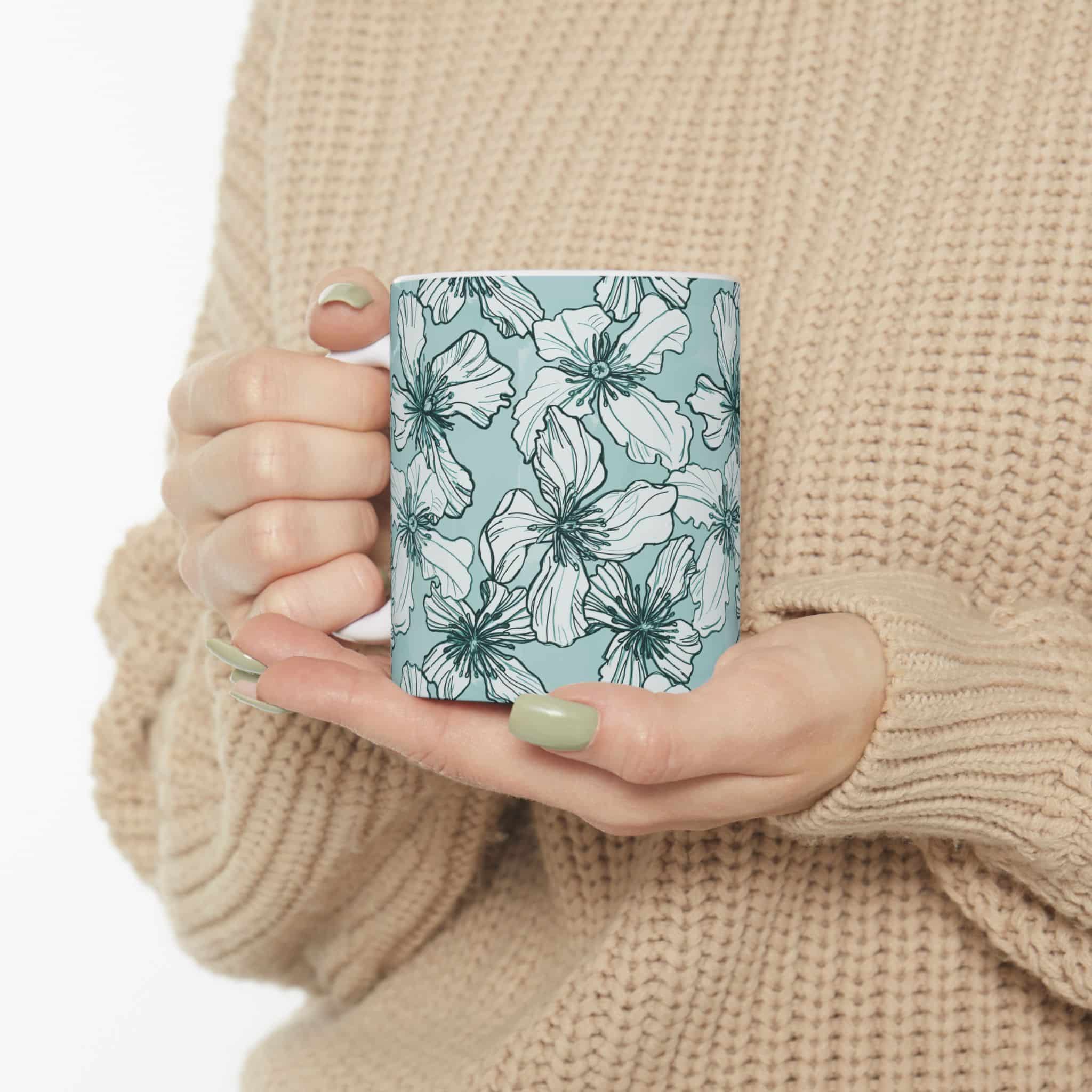 Teal Floral Pattern Ceramic Mug (11oz & 15oz) - Image 5