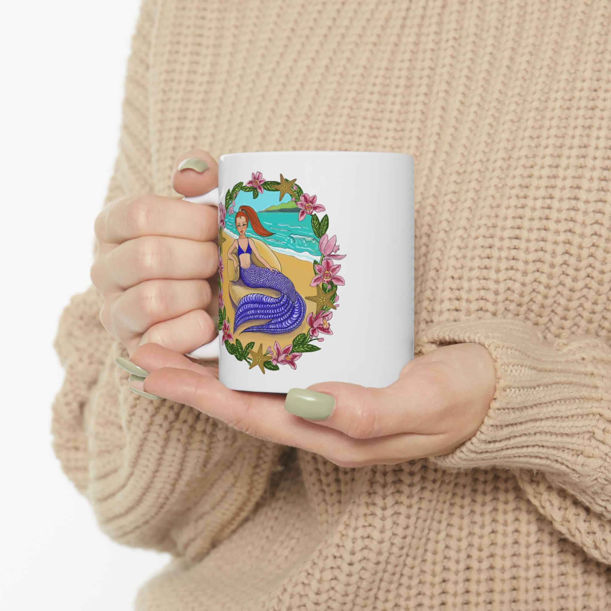 Floral Purple Tailed Mermaid Sisters Ceramic Mug (11oz, 15oz) - Image 4