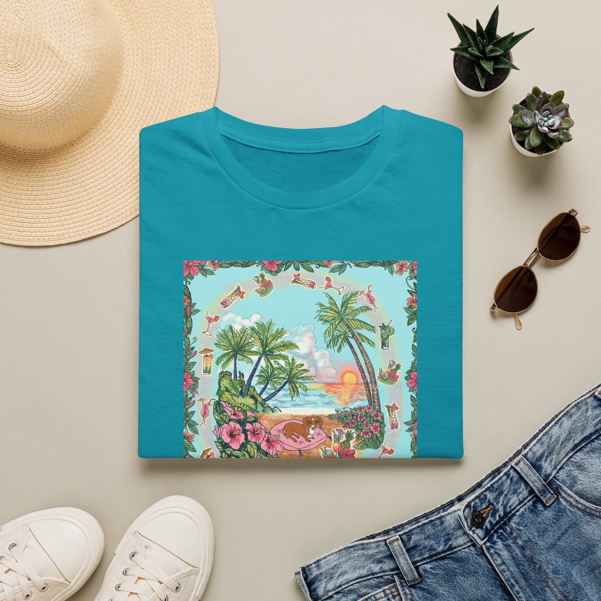 Dachshund on a Tropical Sunset Beach T-Shirt — Vintage Beach Floral Graphic - Image 29