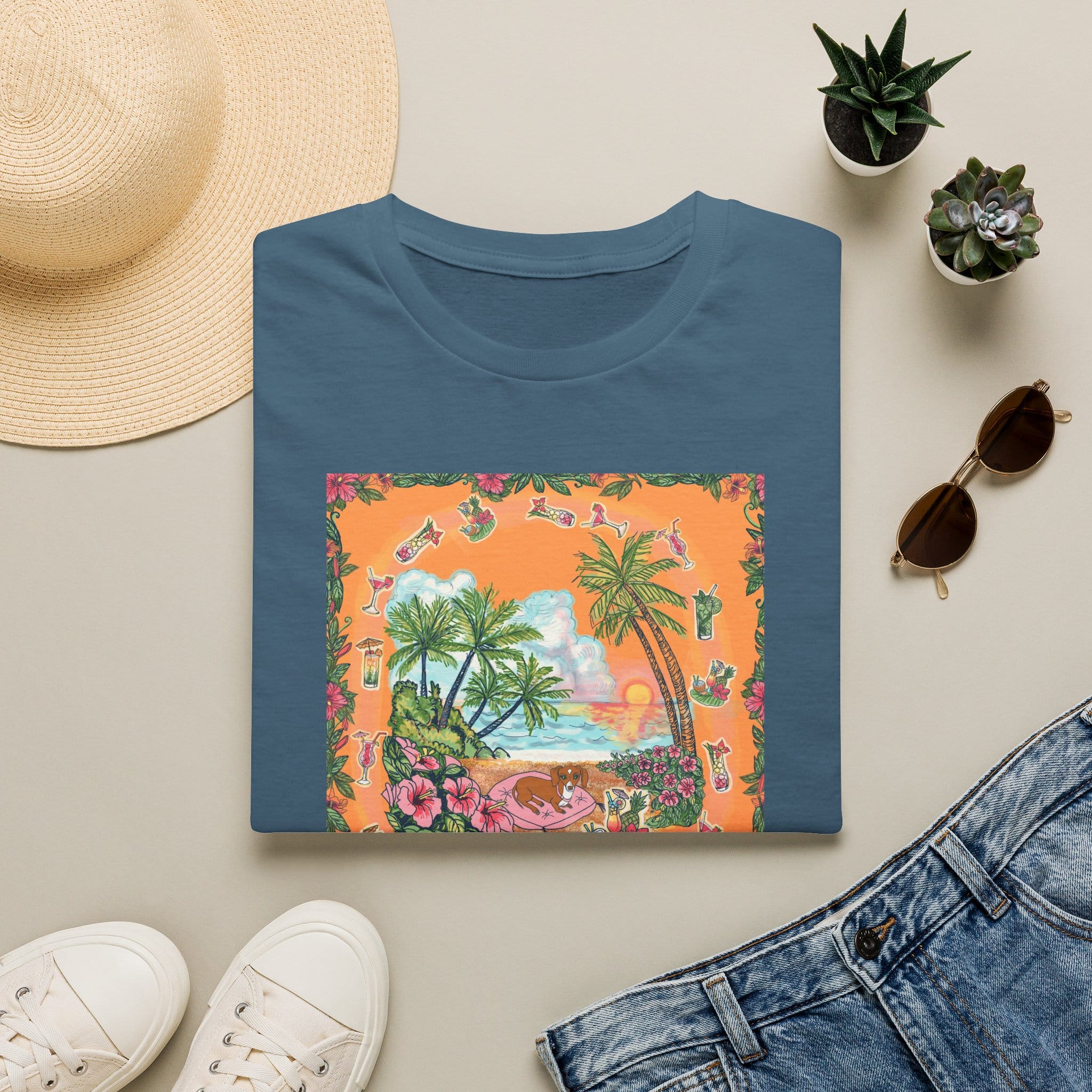 Girl Dachshund on a Tropical Sunset Beach T-Shirt — Vintage Beach Floral Graphic - Image 38