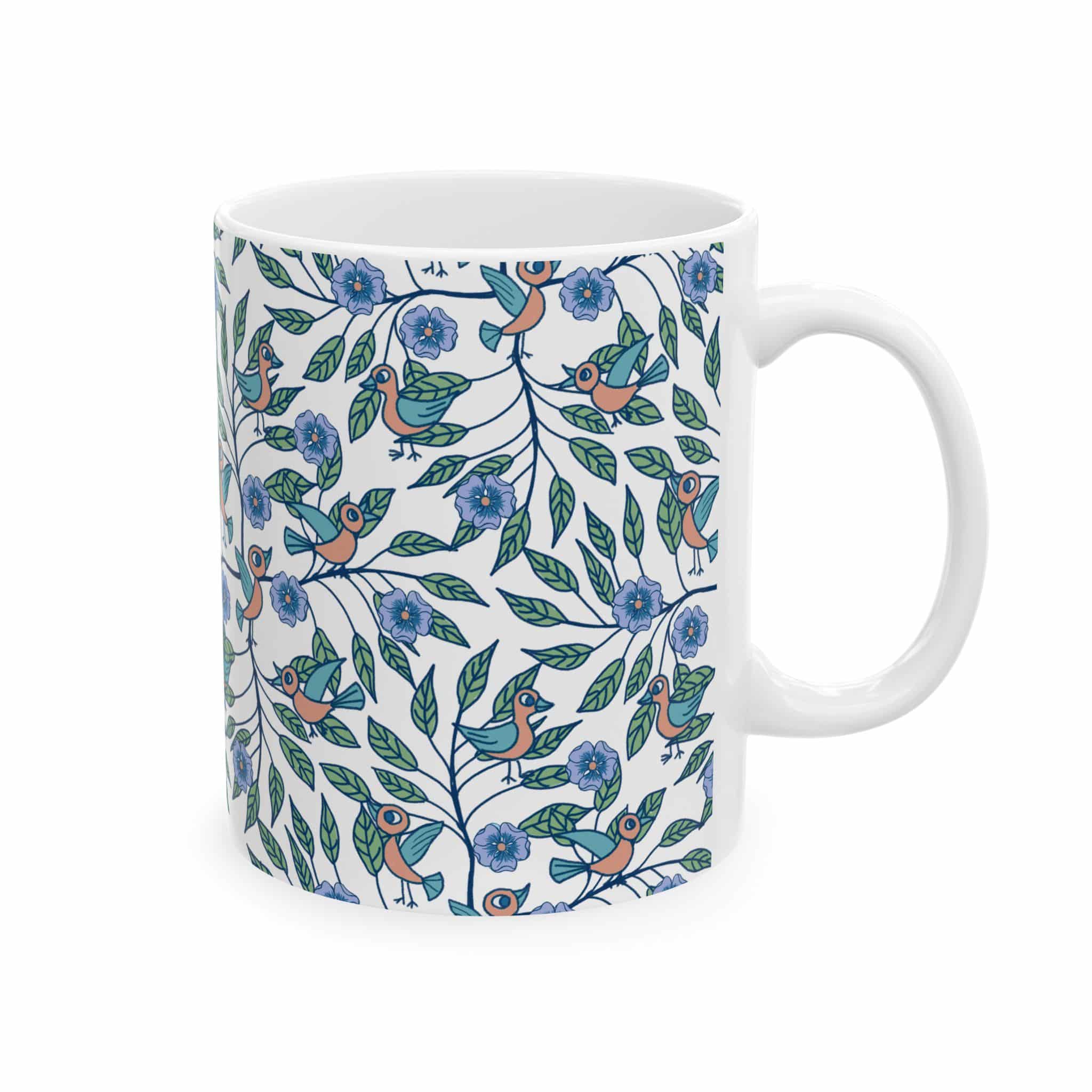Floral Bird Pattern Ceramic Mug — Blue & Green Botanical 11oz/15oz - Image 2
