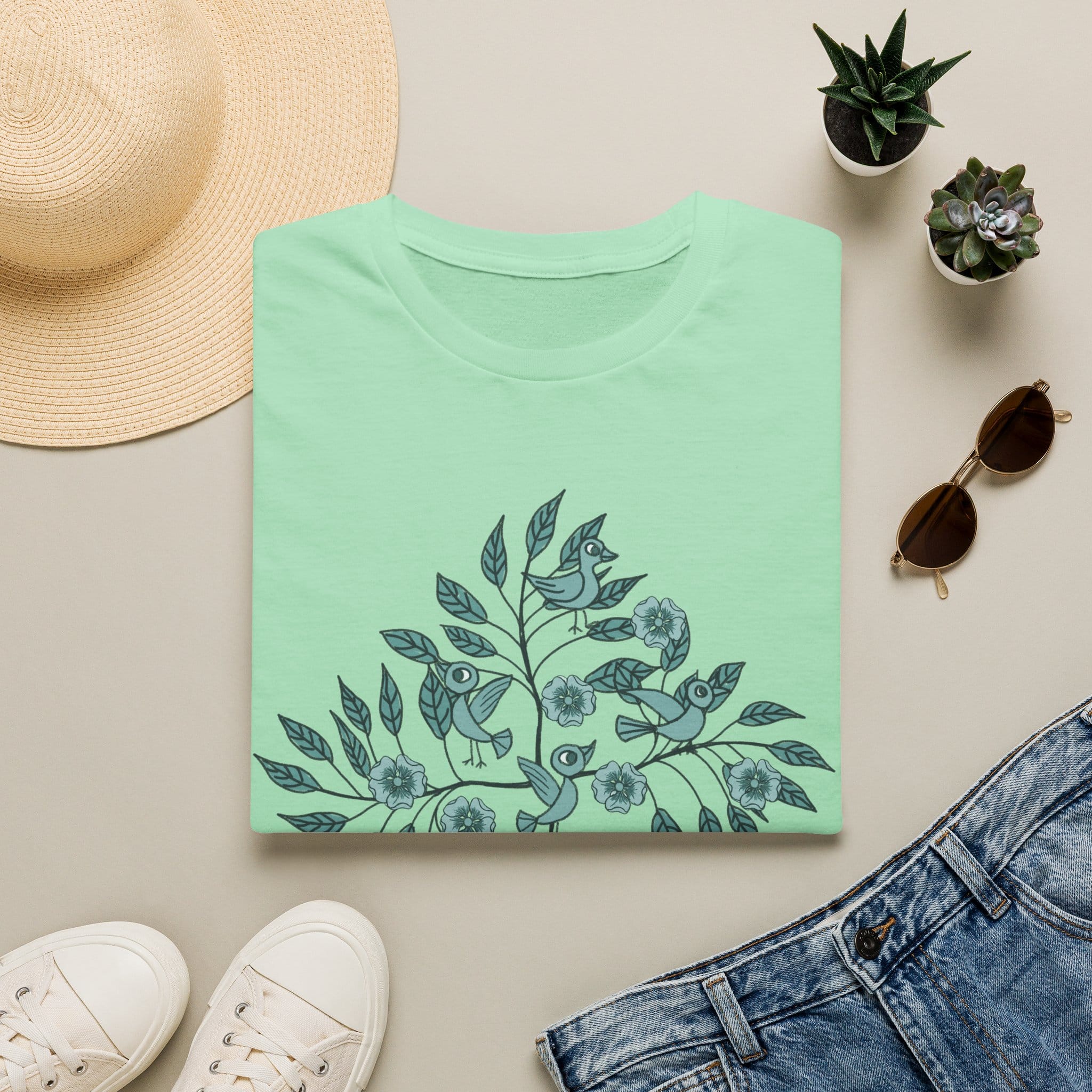 Botanical Bird Tee — Teal Floral Branch Graphic T-Shirt - Image 2