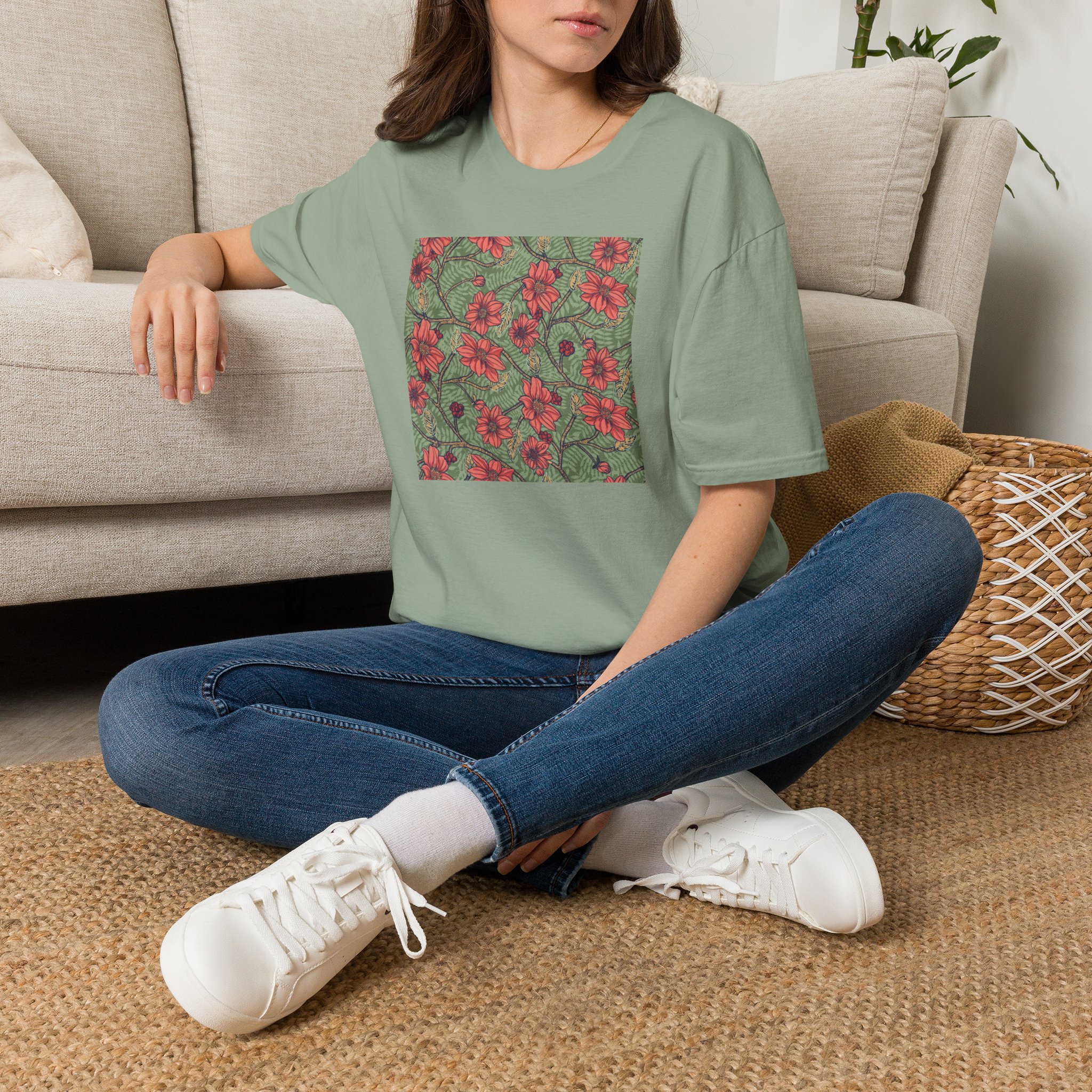 Floral Hibiscus Pattern T-Shirt — Vintage Tropical Flower Tee - Image 2
