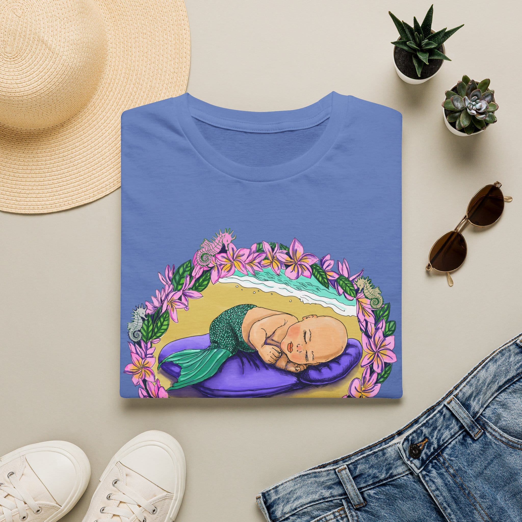 Mer-Toddler Napping on the Beach T-Shirt — Tropical Floral Ocean Graphic - Image 14