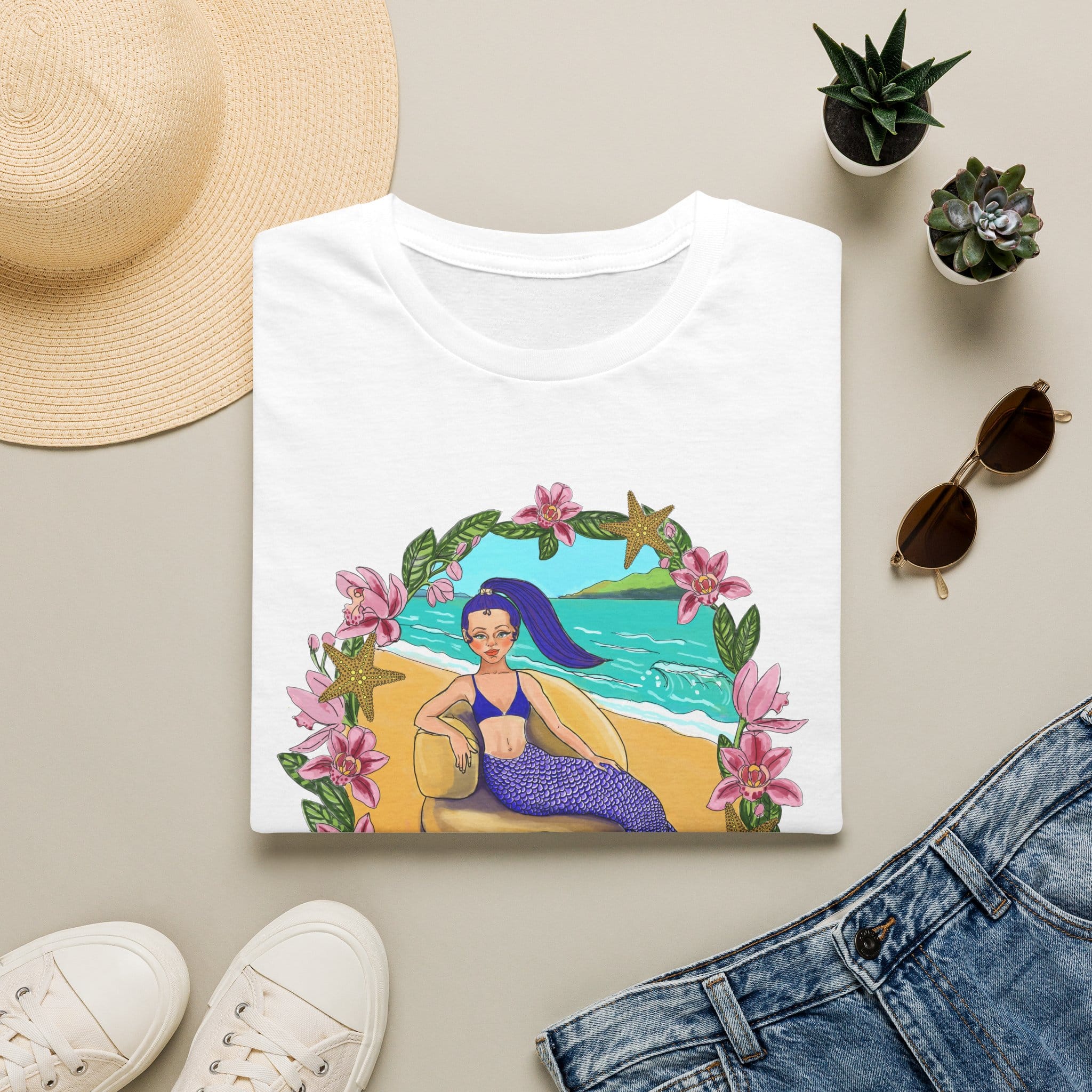Blue-Haired Mermaid Beach Vibes T-Shirt — Tropical Floral Ocean Graphic - Image 10