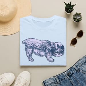 Quirky Vintage Pup Illustration T-Shirt — 'Woof' Dog Bowl Graphic