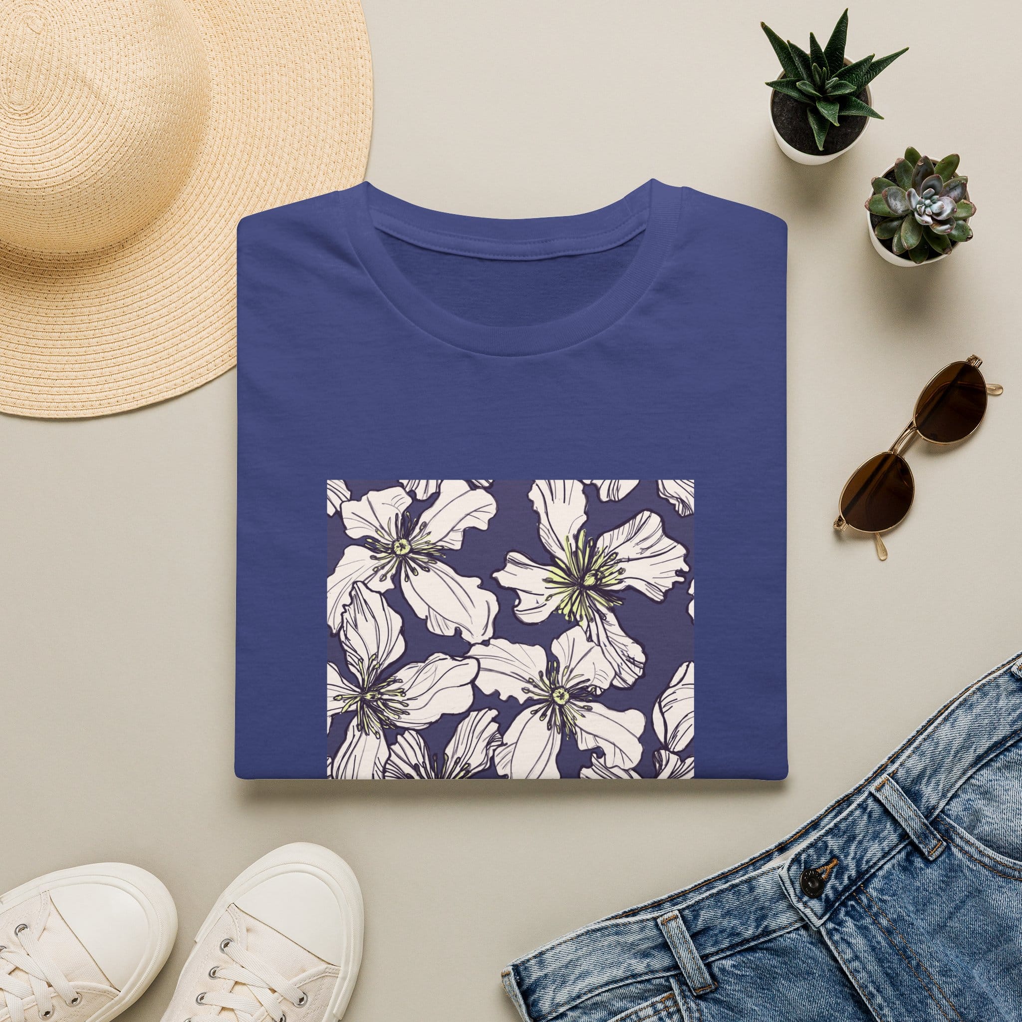 Floral Square Tee — White Clematis Print T-Shirt - Image 4