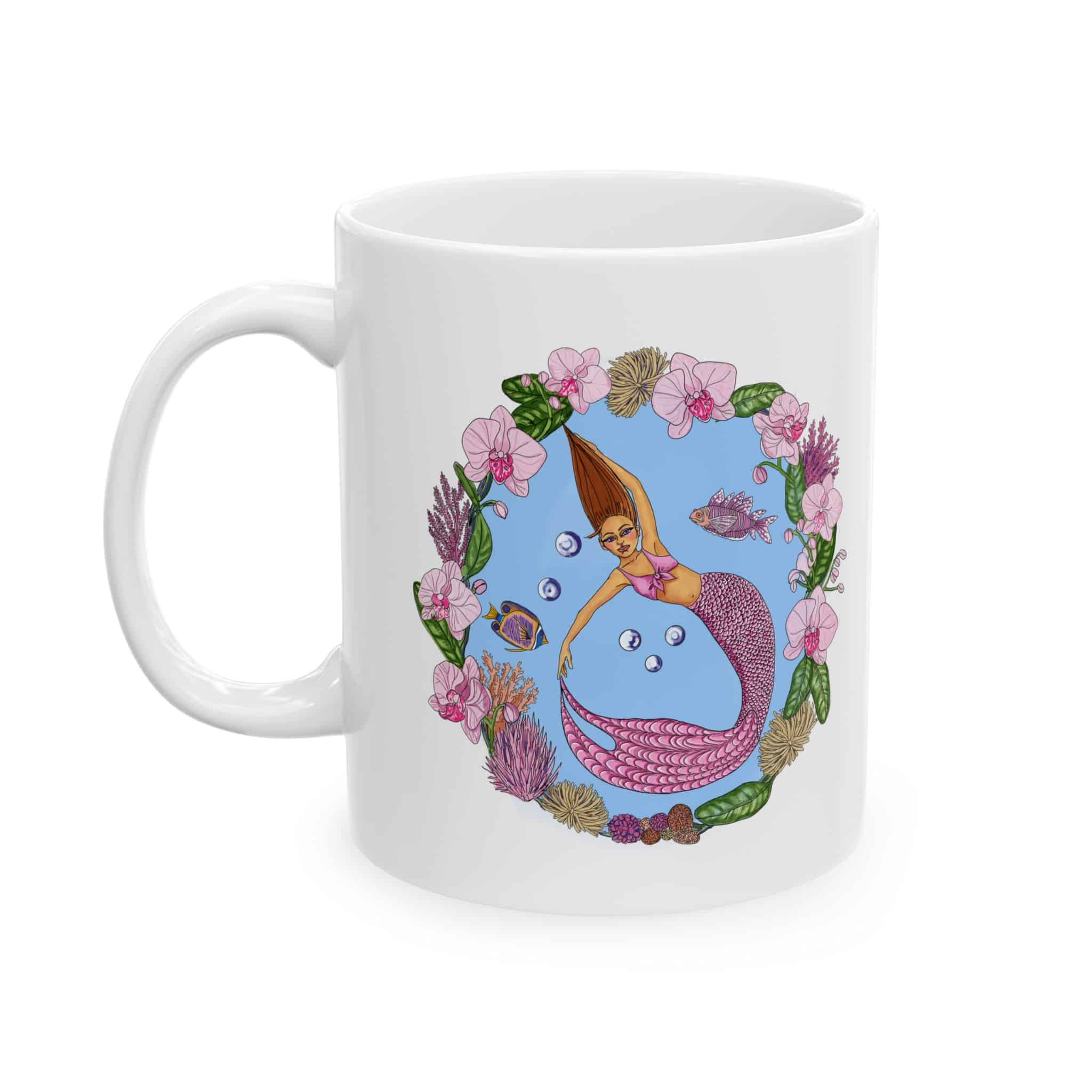 Floral Dancing Mermaid Ceramic Mug (11oz, 15oz) — Boho Floral Coffee Cup Gift