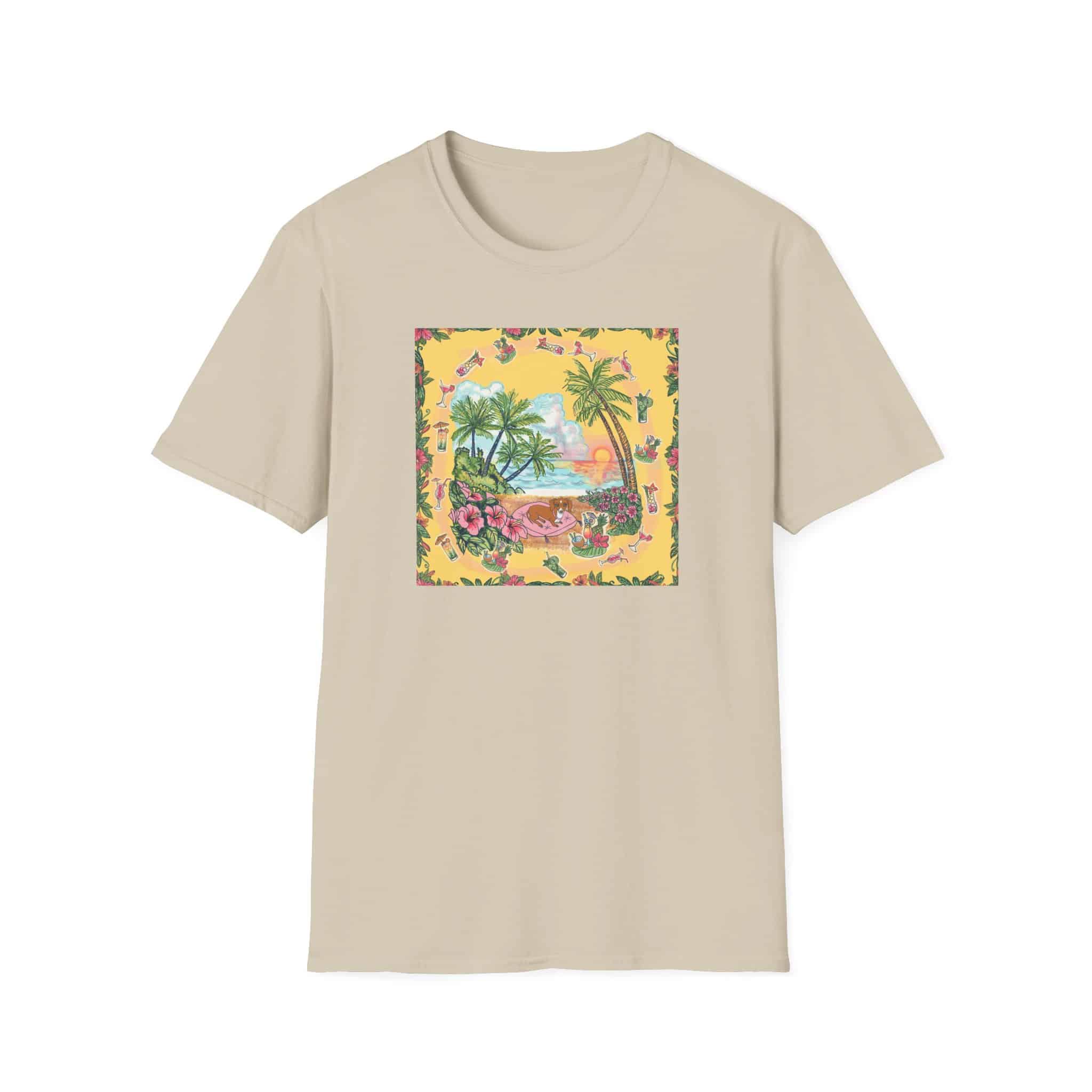 Girl Dachshund on a Tropical Sunset Beach T-Shirt — Vintage Beach Floral Graphic - Image 35