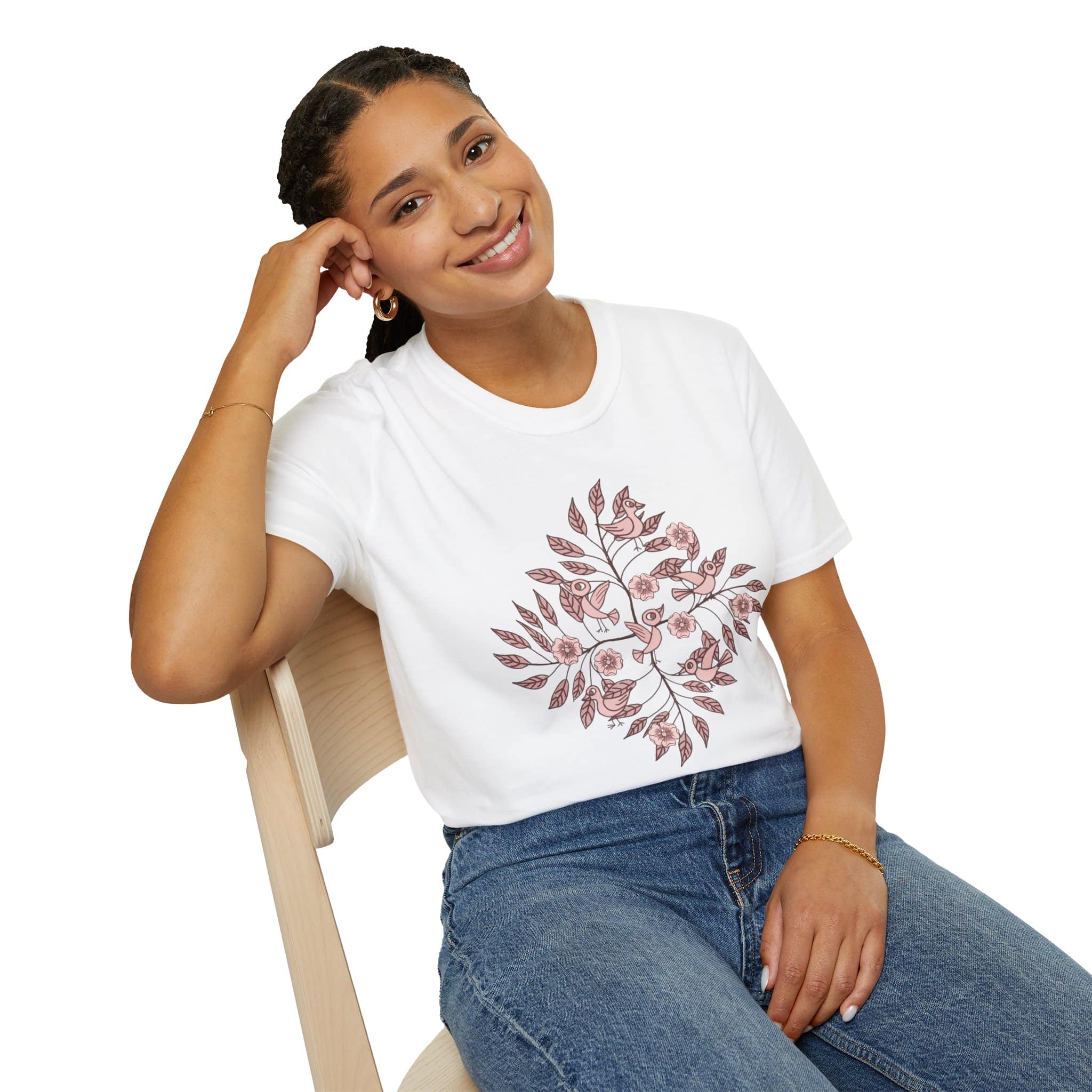 Floral Bird Branch T‑Shirt — Vintage Rose Botanical Graphic Tee - Image 7
