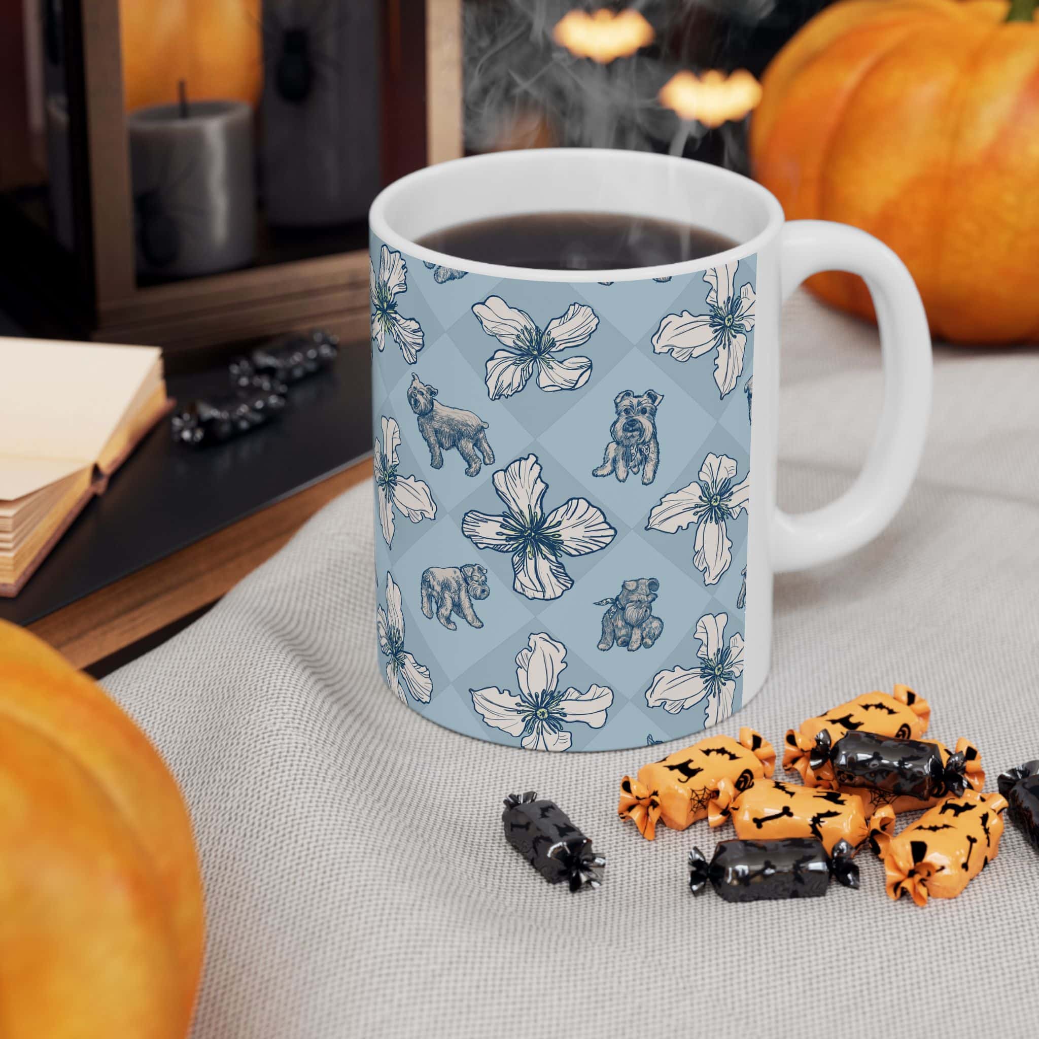Blue Floral Pug Ceramic Mug — Cute Schnauzer Dog Pattern Coffee Cup (11oz, 15oz) - Image 4
