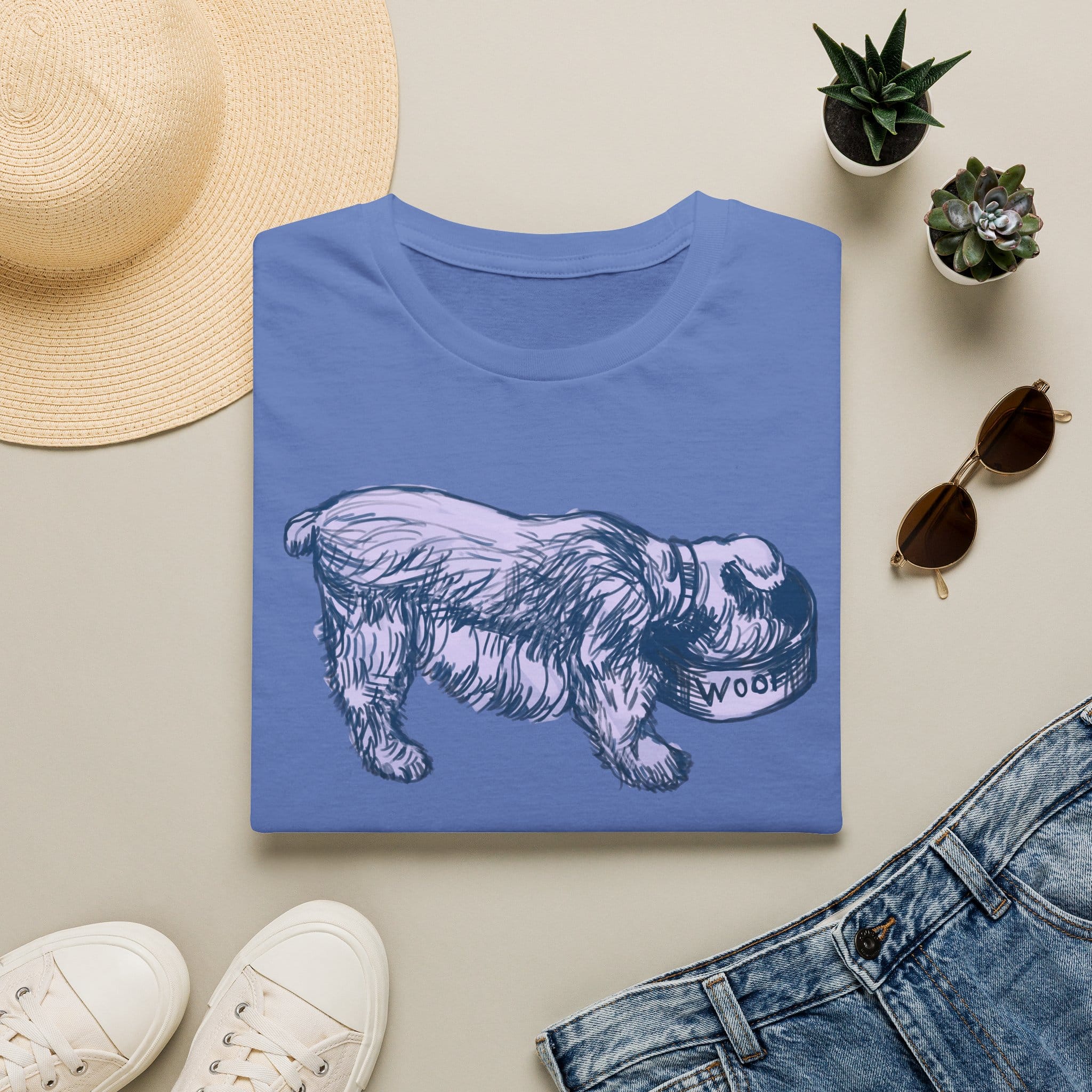 Quirky Vintage Pup Illustration T-Shirt — 'Woof' Dog Bowl Graphic - Image 10