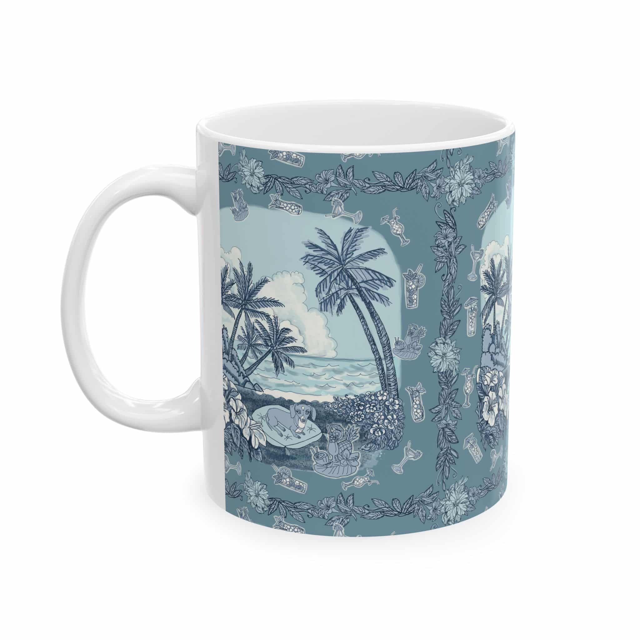 Dachshund on a Tropical Beach Ceramic Mug – Vintage Palm Tree Ocean Scene (11oz & 15oz)