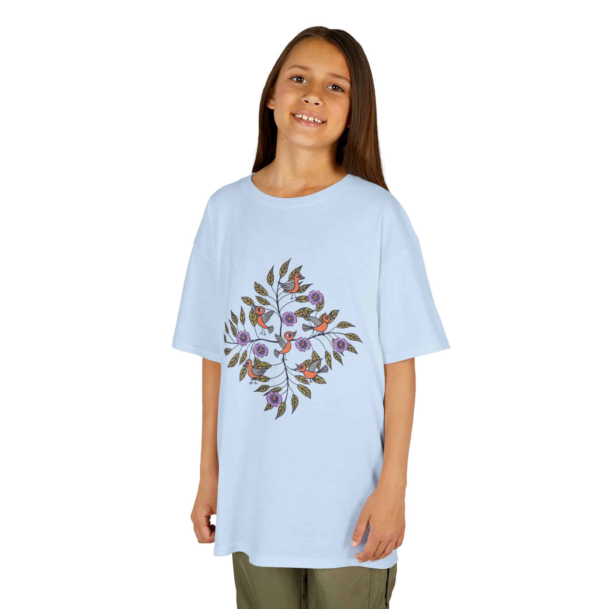 Kids T‑Shirt — Stick Figure Birds Floral Wreath Tee