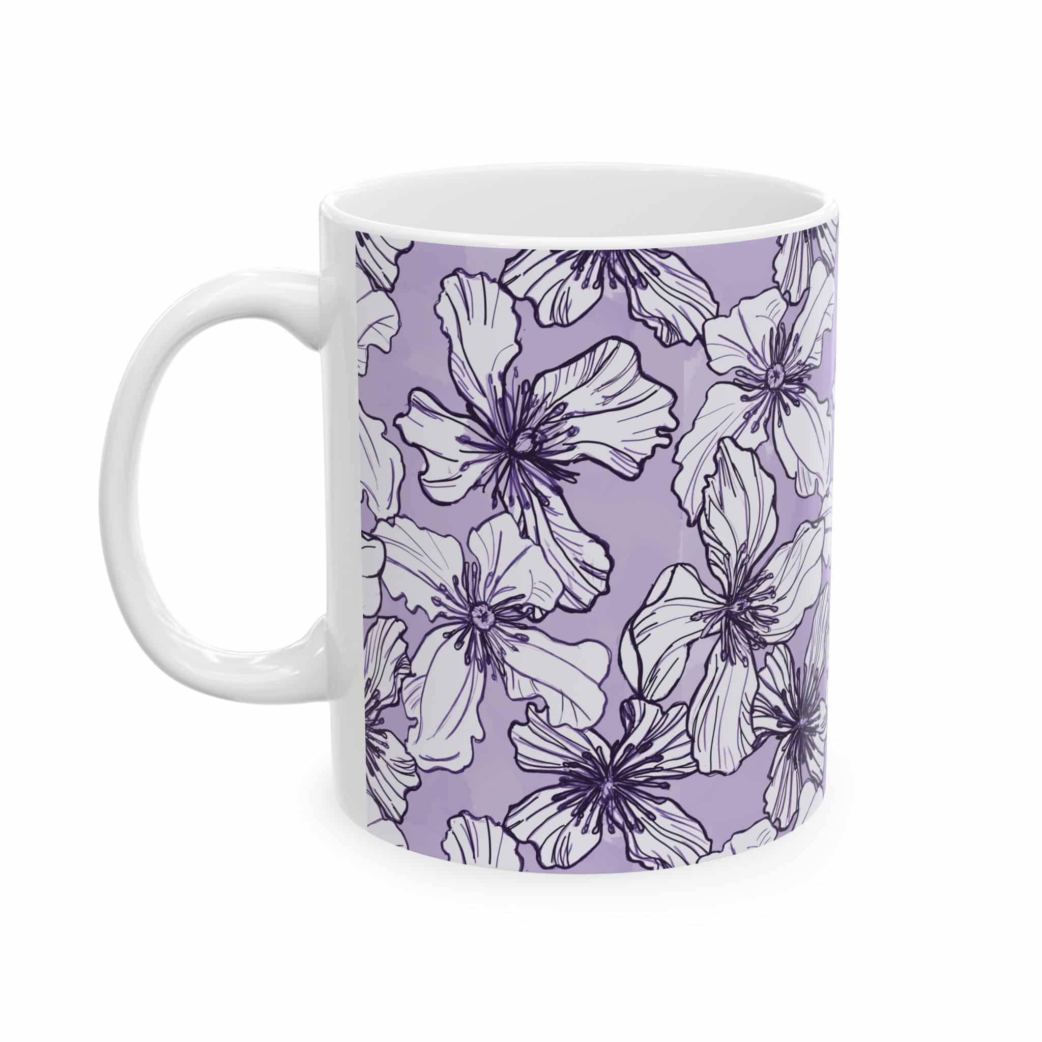 Lavender Floral Ceramic Mug — Purple Hand-Drawn Clematis Flowers Coffee Cup (11oz/15oz)