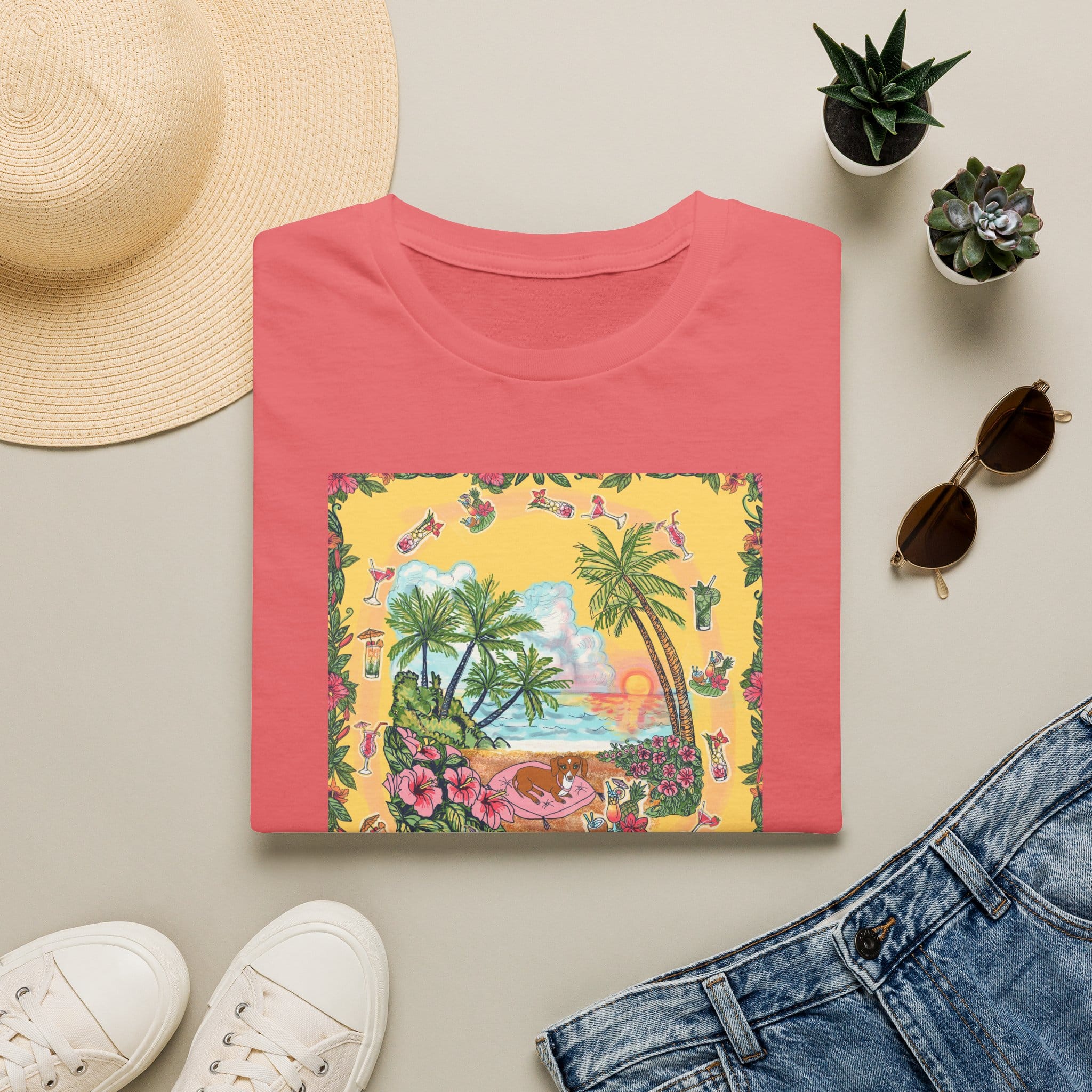 Girl Dachshund on a Tropical Sunset Beach T-Shirt — Vintage Beach Floral Graphic - Image 17