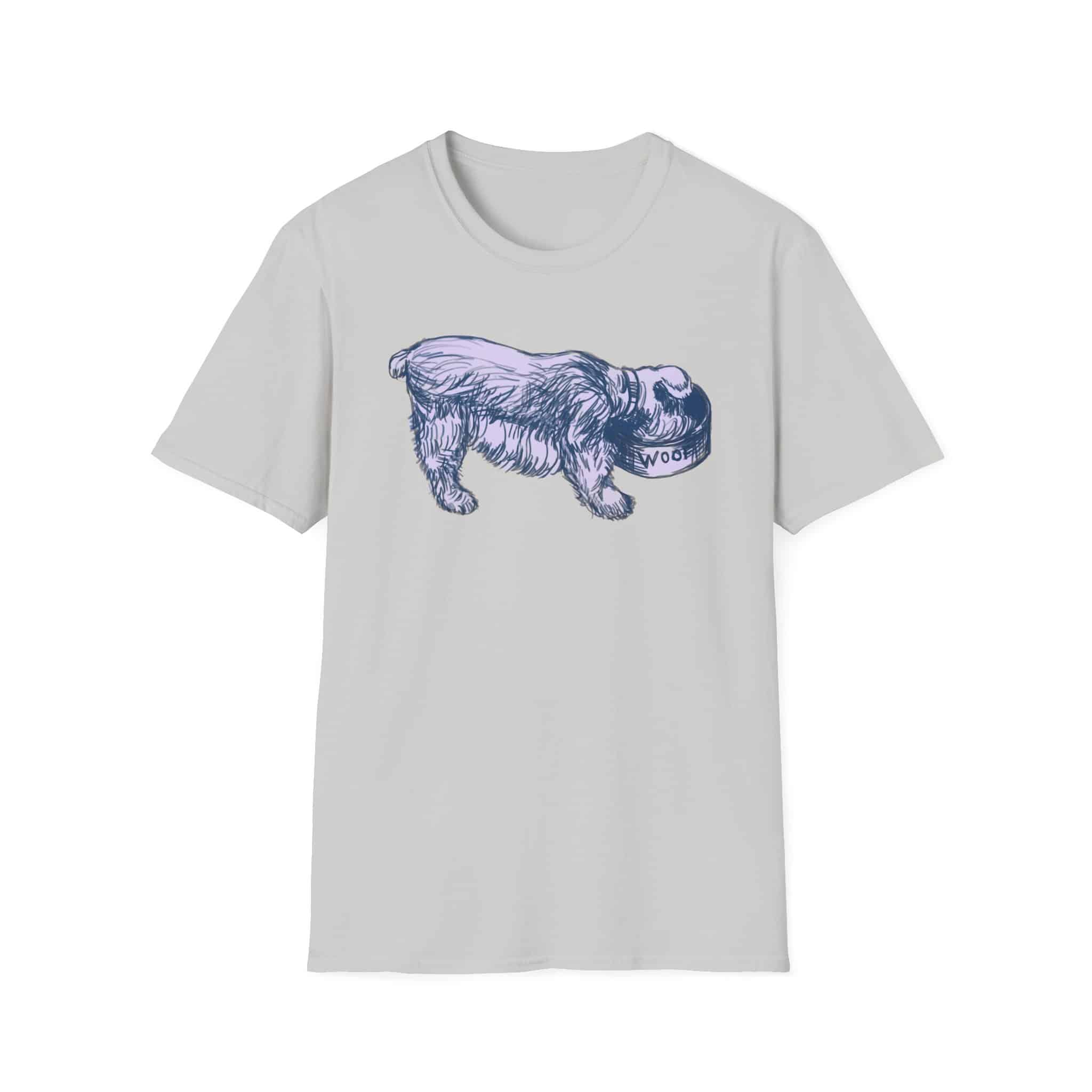Quirky Vintage Pup Illustration T-Shirt — 'Woof' Dog Bowl Graphic - Image 15